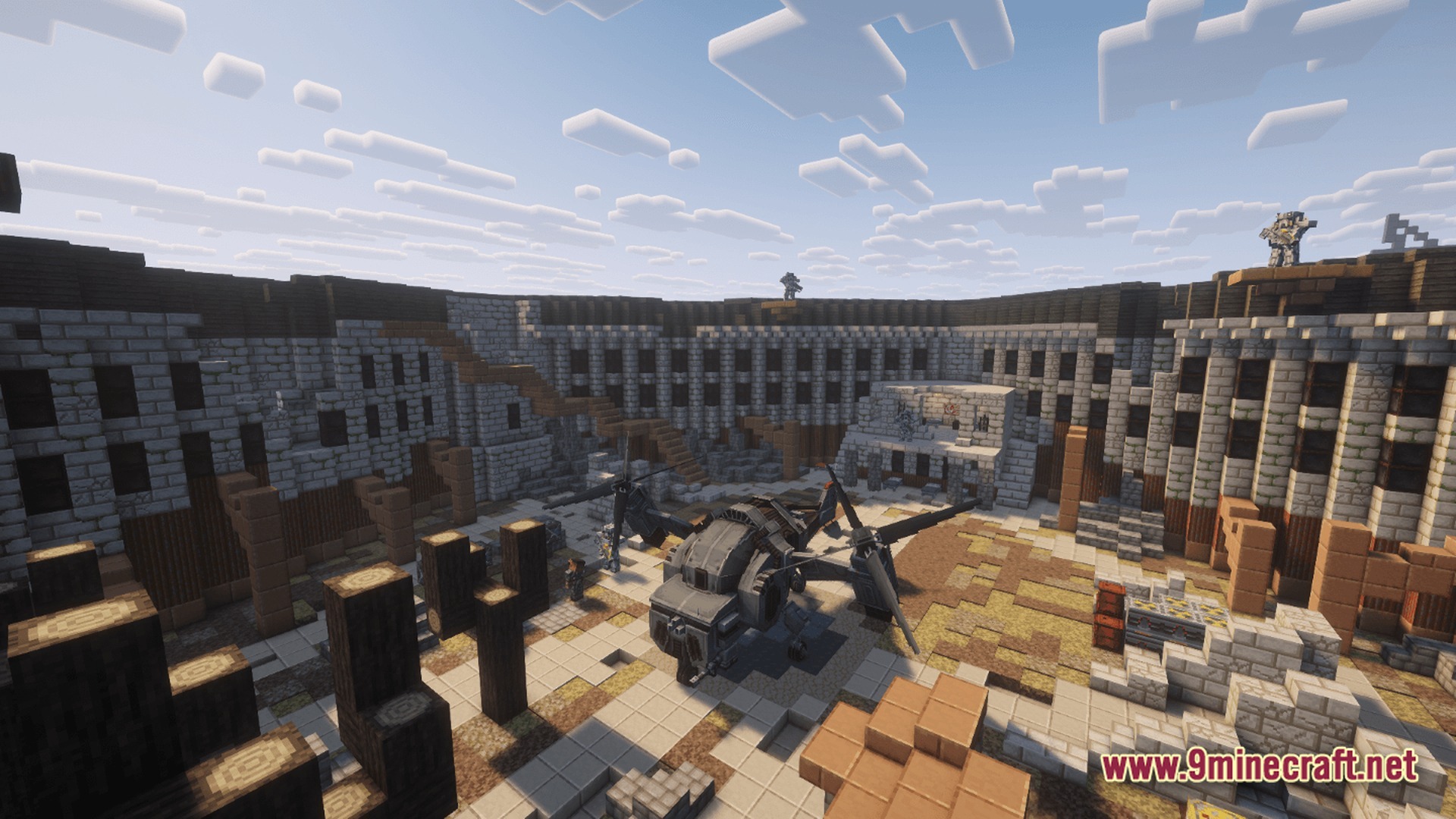 A military vertibird landed in the courtyard of a fortified stone base with guards on watch
