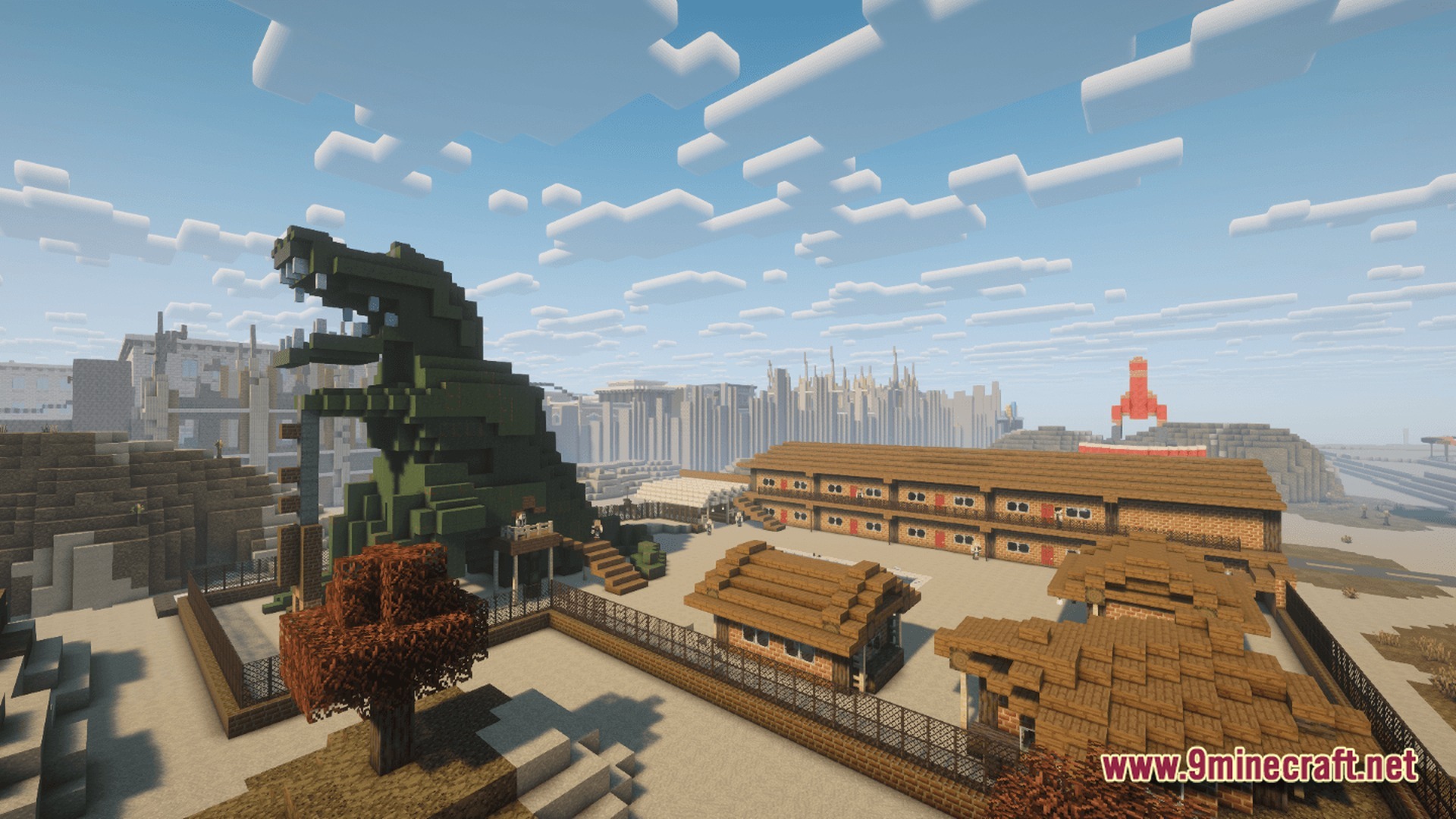 A dinosaur statue stands beside a motel in a post-apocalyptic wasteland with ruined city buildings