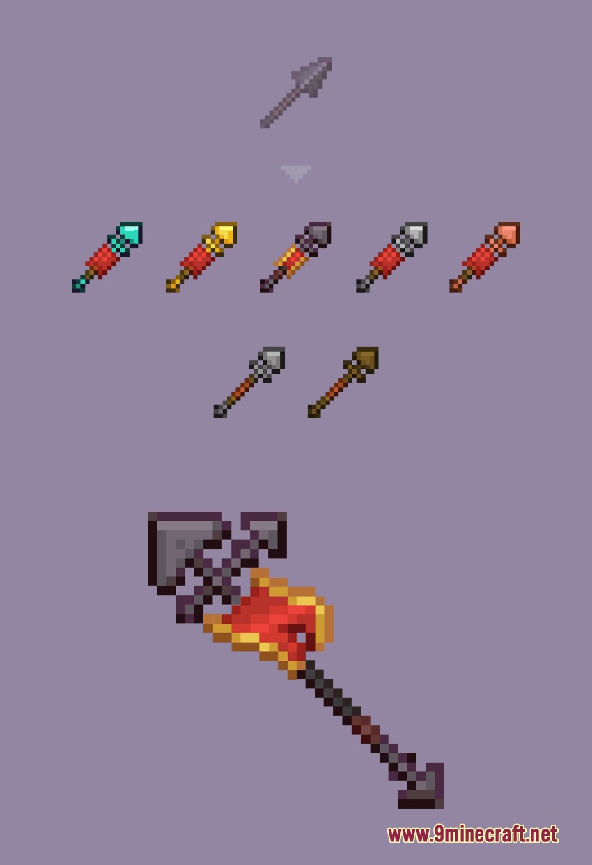 Alice’s Box Resource Pack (26.2, 1.21.11) – Dreamy Storybook Wonderland Vibes 7 Custom arrow variations and a large spear with a red banner design