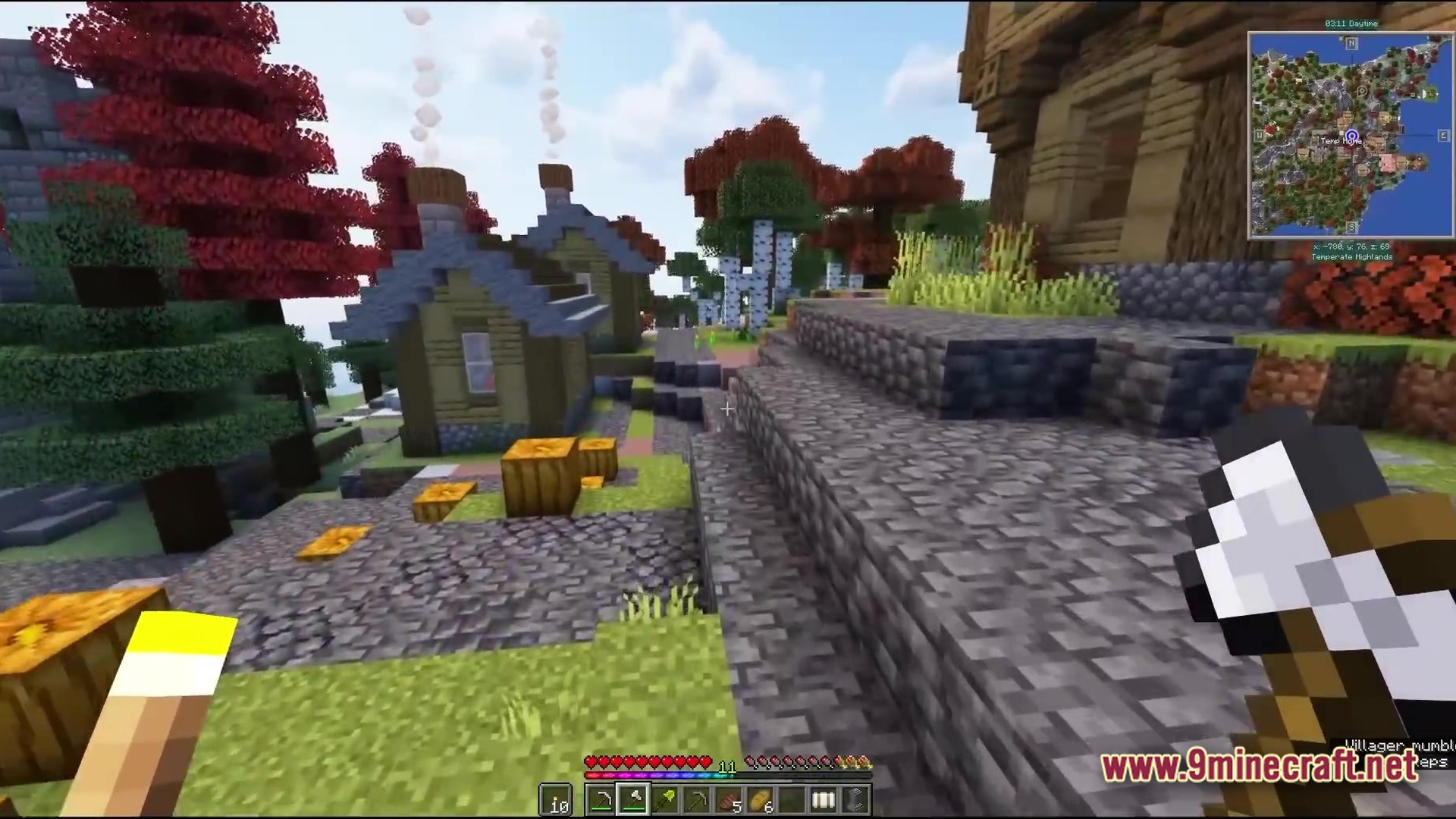 All The Mods 9 Atm9 Modpack (26.2, 1.20.1) – Craft The Ultimate Star 5 A player holds an axe while standing near wooden houses in a temperate highlands biome