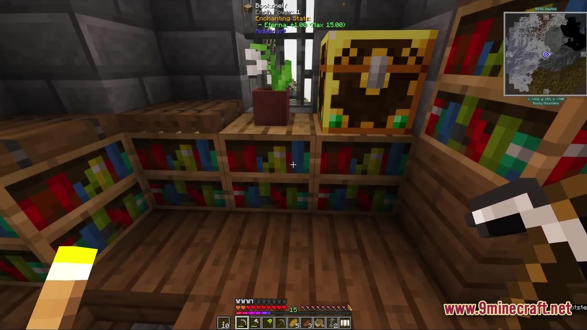 All The Mods 9 Atm9 Modpack (26.2, 1.20.1) – Craft The Ultimate Star 6 A player stands in a room with bookshelves, a potted flower, and a golden chest