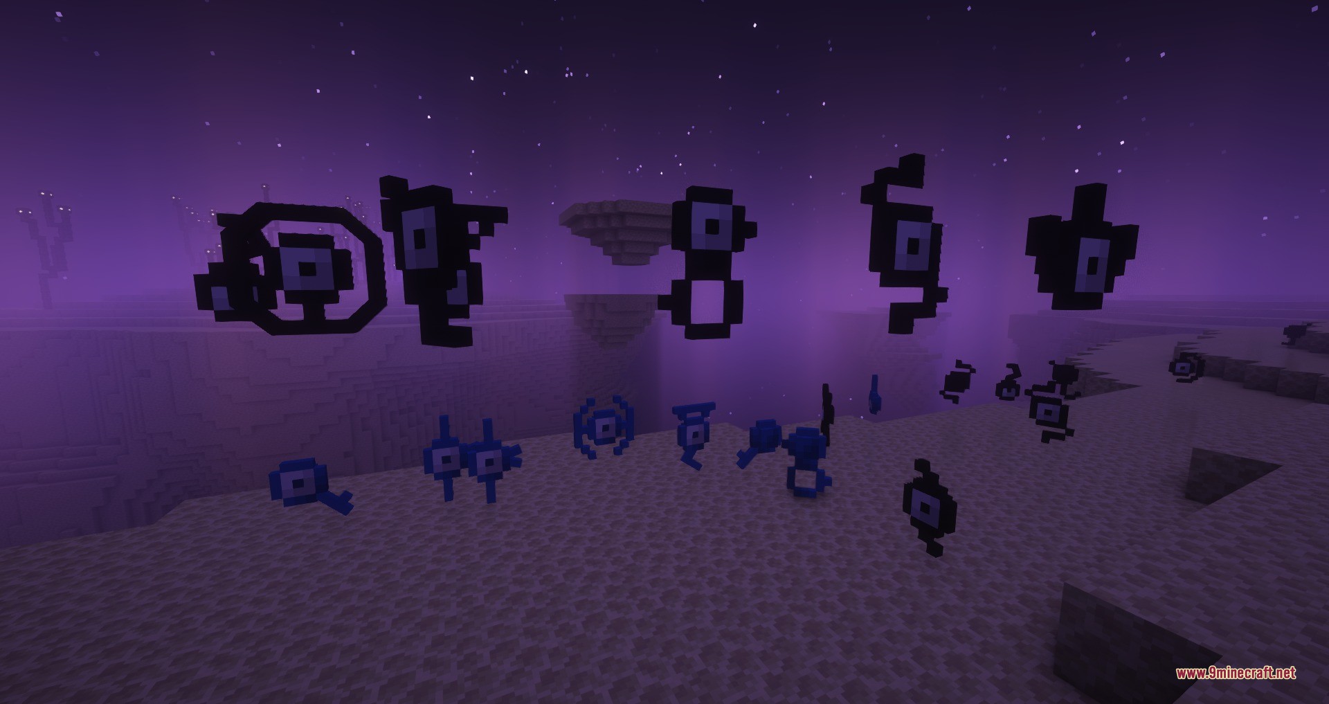 Alphabet Soup Data Pack (1.21.1, 1.20.1) – Catch Every Unown Letter 3 Various letter shaped unown pokemon floating together in the purple end dimension