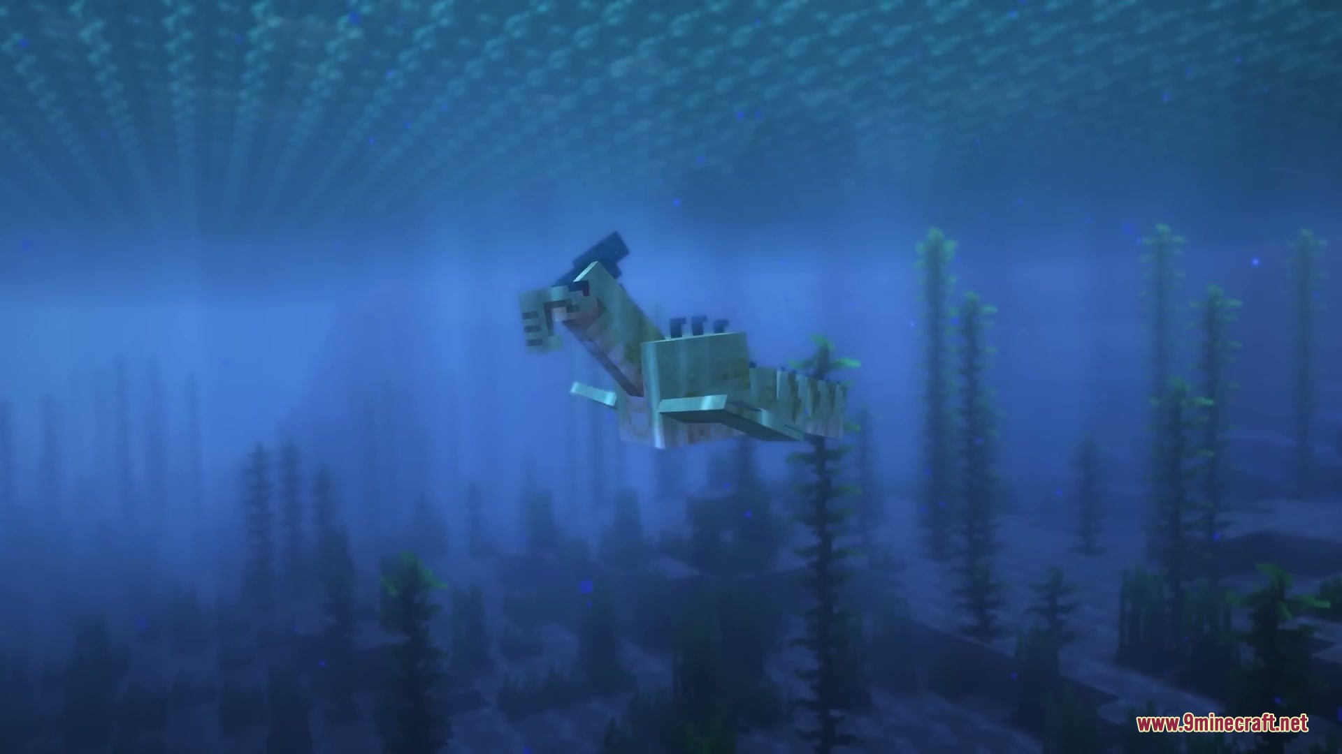 Anachronistic Wilds Mod (1.20.1) – Summon And Breed Extinct Prehistoric Wildlife 12 A prehistoric marine creature swims through a deep ocean biome with tall kelp