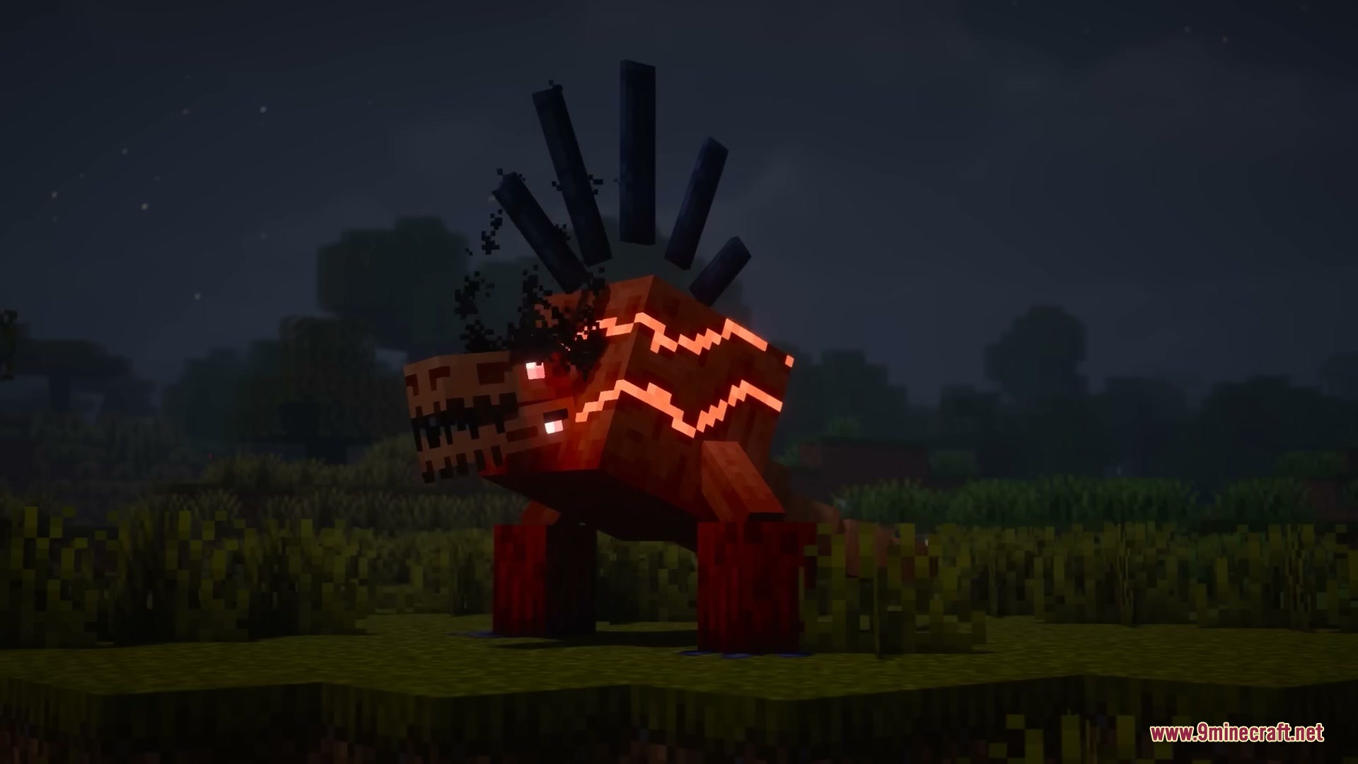 Anachronistic Wilds Mod (1.20.1) – Summon And Breed Extinct Prehistoric Wildlife 14 A hostile red abomination with glowing patterns stands in a dark grassy field