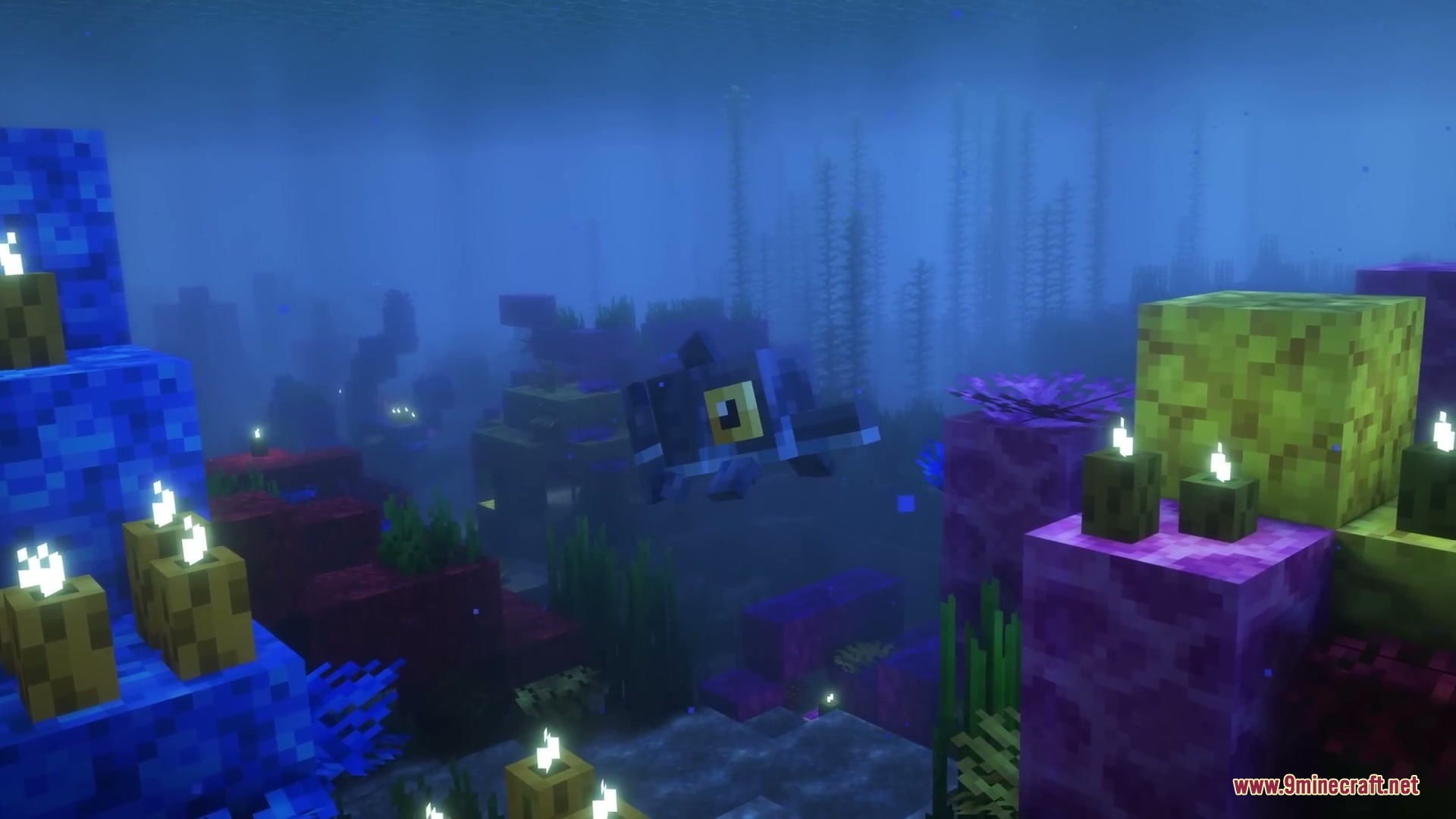 Anachronistic Wilds Mod (1.20.1) – Summon And Breed Extinct Prehistoric Wildlife 15 A small prehistoric fish swims through a colorful coral reef with lit candles