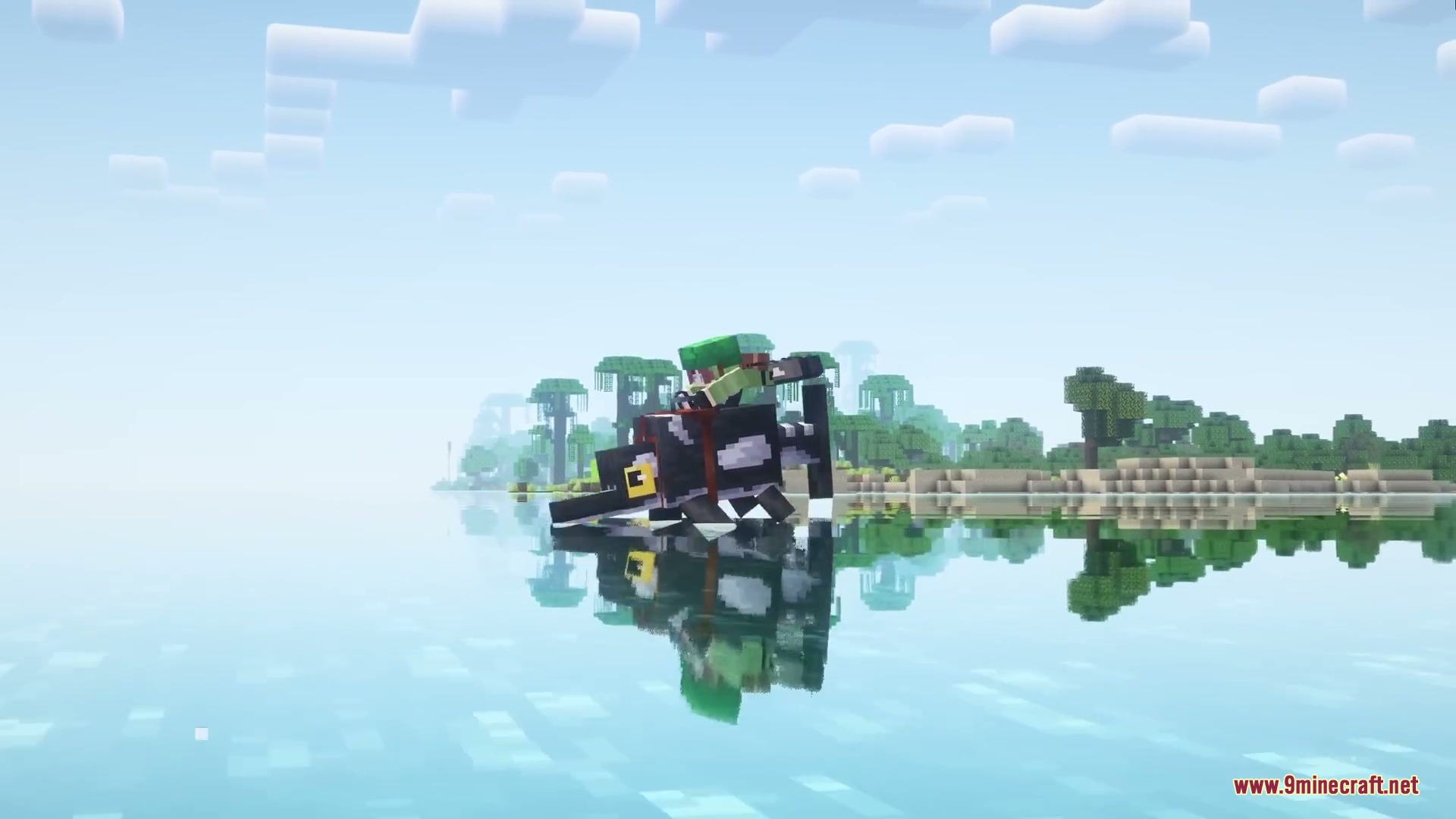 Anachronistic Wilds Mod (1.20.1) – Summon And Breed Extinct Prehistoric Wildlife 16 A player riding a prehistoric marine creature across calm reflective water in minecraft
