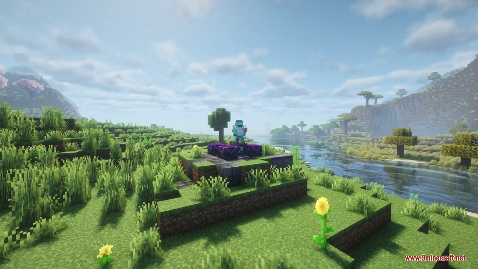 Anachronistic Wilds Mod (1.20.1) – Summon And Breed Extinct Prehistoric Wildlife 6 A player stands on a ritual platform with summoning altars near a river