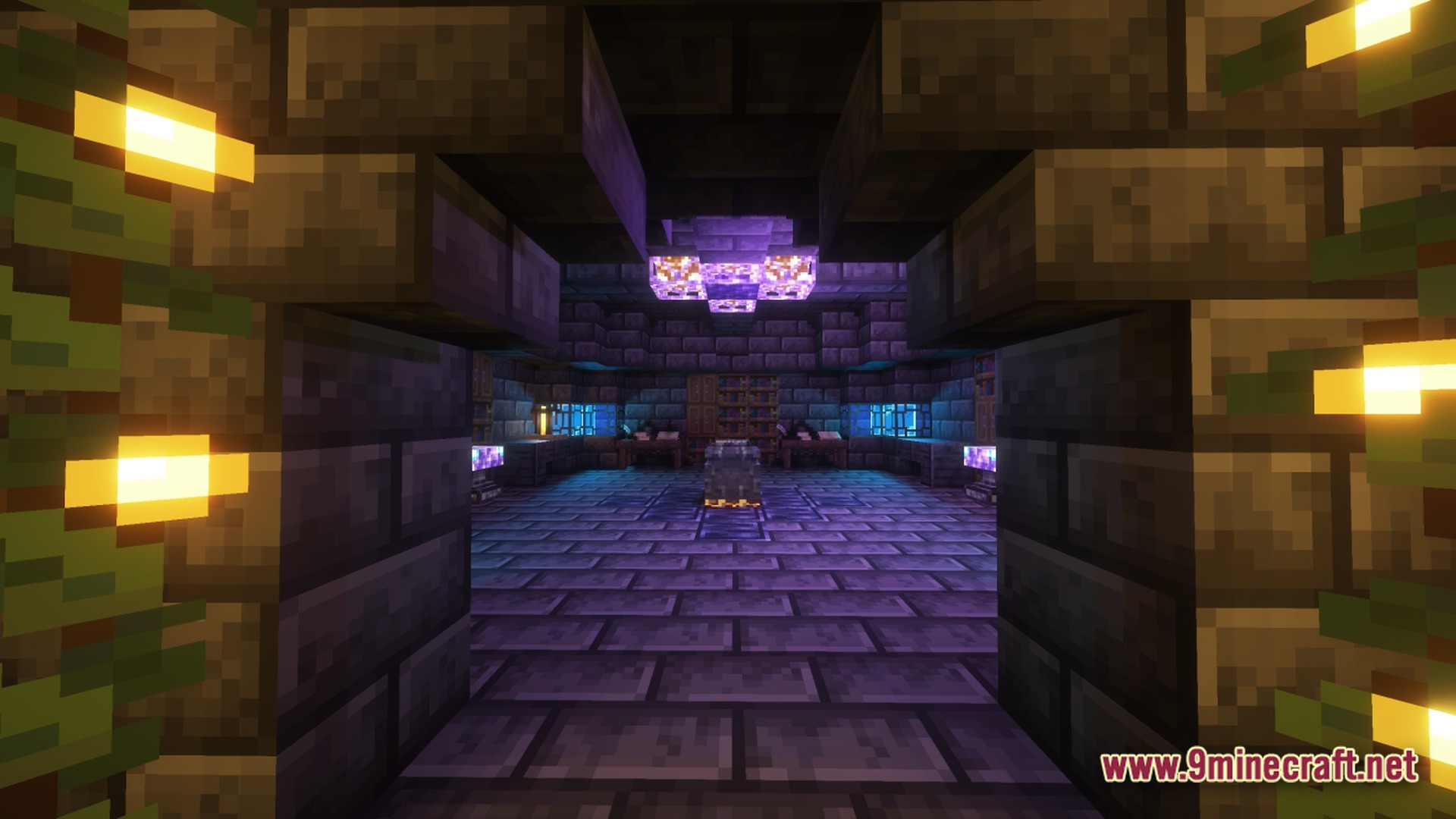 Ancient Kingdoms 3 Modpack (1.20.1) – Build Kingdoms Master Magic Slay 11 A dimly lit stone brick chamber featuring a central cauldron, bookshelves, and glowing purple light fixtures