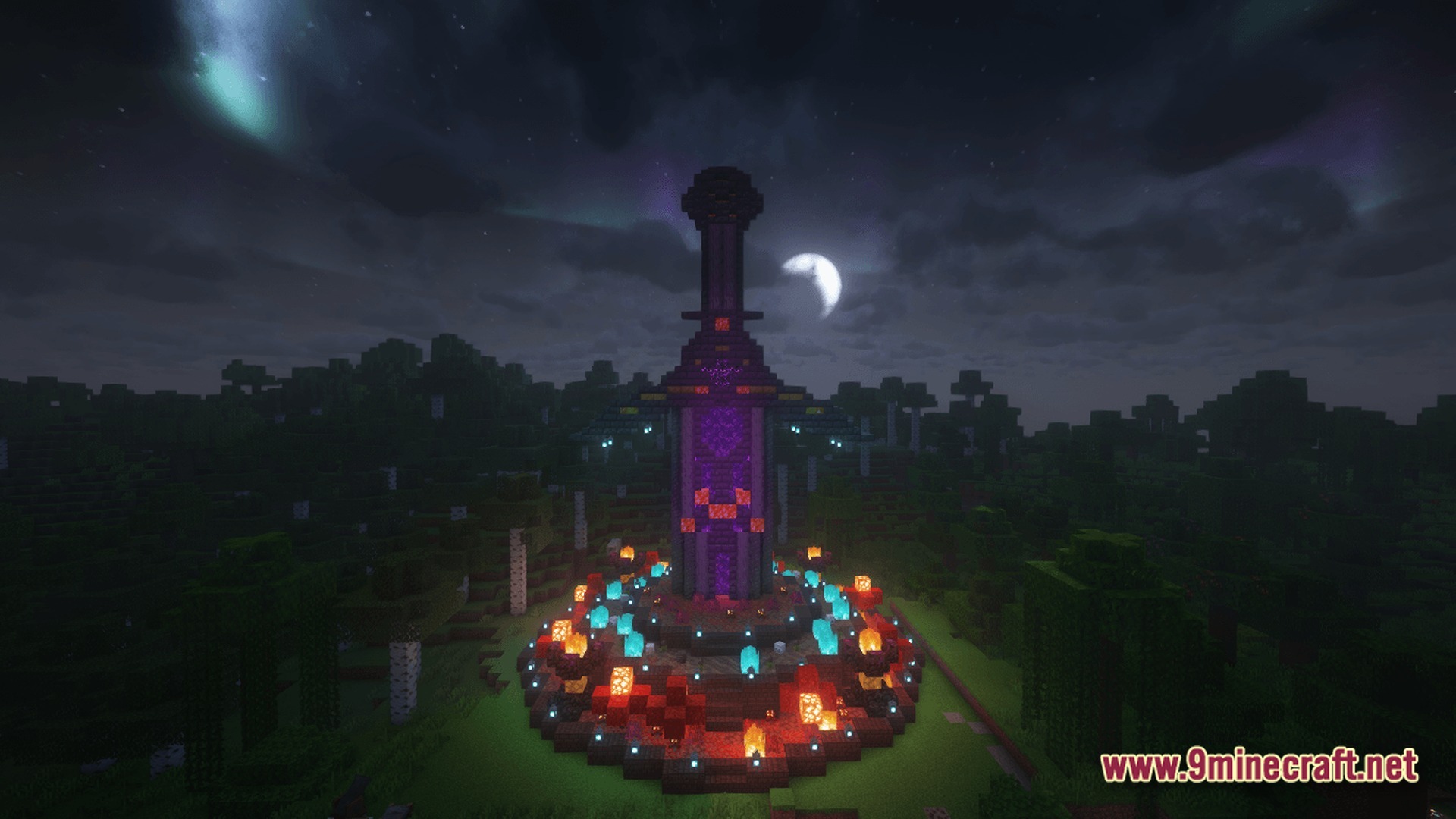 Ancient Kingdoms 3 Modpack (1.20.1) – Build Kingdoms Master Magic Slay 8 A large sword-shaped structure stands illuminated by glowing blocks in a forest at night