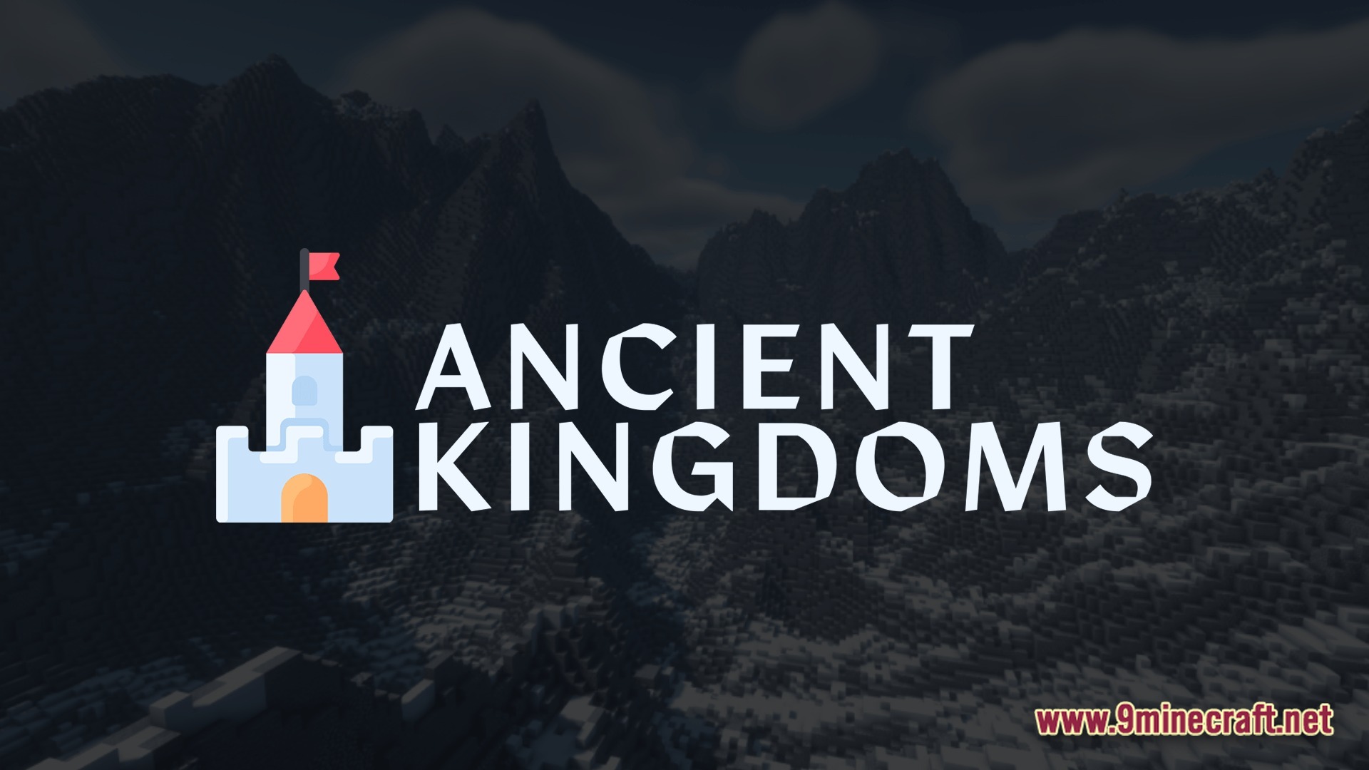 Ancient Kingdoms 3 Modpack (1.20.1) – Build Kingdoms Master Magic Slay 9 A vast, snow-covered mountain range under a dark sky with the ancient kingdoms title logo