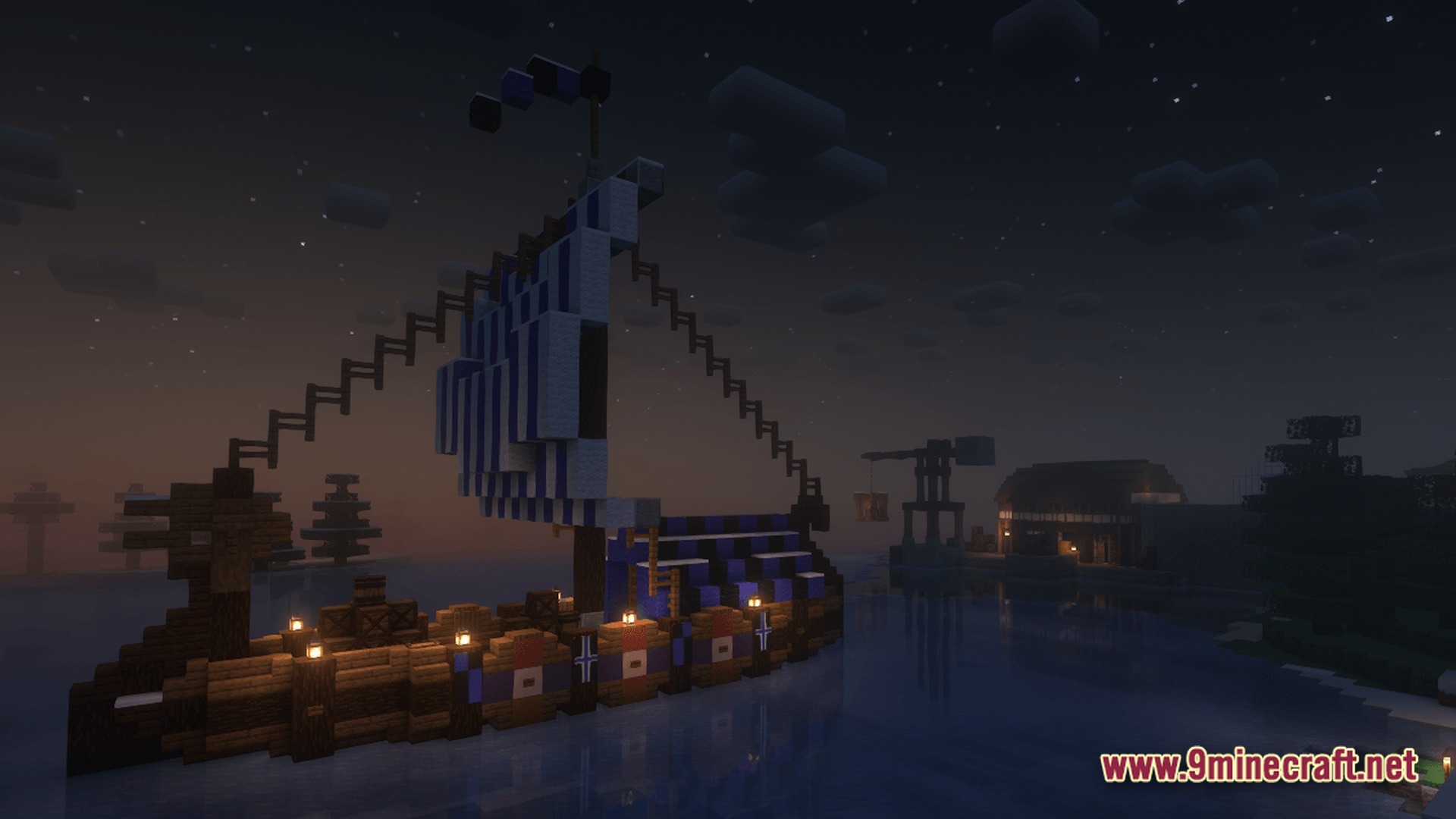 Ancient Kingdoms 3 Modpack (1.20.1) – Build Kingdoms Master Magic Slay 10 A wooden viking longship with blue and white sails anchored near a harbor at night