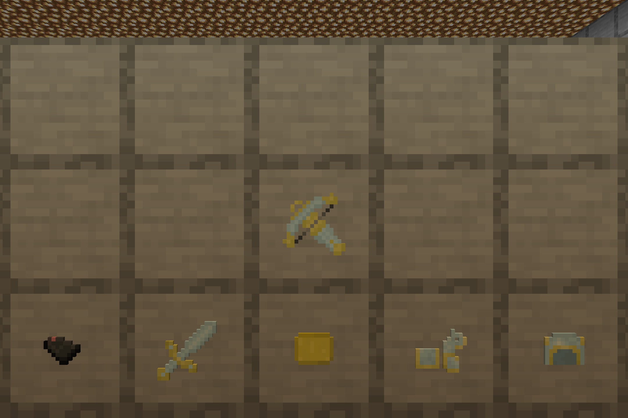 Angel Hare Textures Resource Pack (26.2, 26.1.2) – Cartoon Art From The Angel 5 Custom weapons and golden armor pieces displayed in item frames on a wall