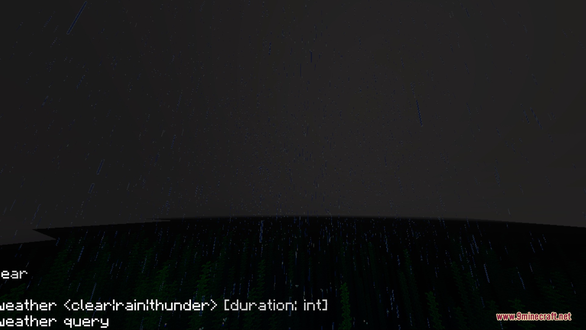 Dark night sky in minecraft with rain falling and weather command suggestions