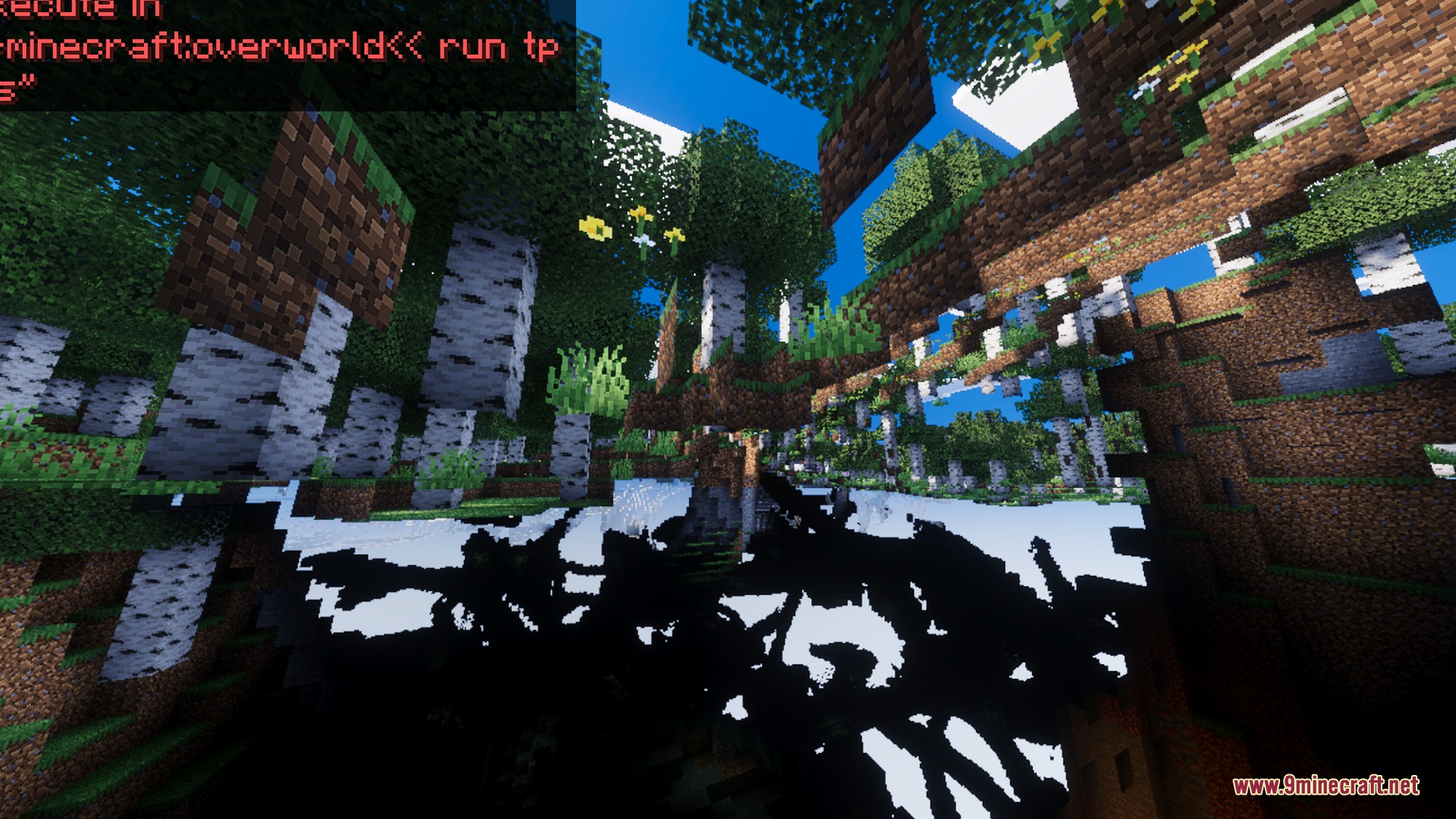 A forest landscape with floating blocks and deep shadows under the green trees