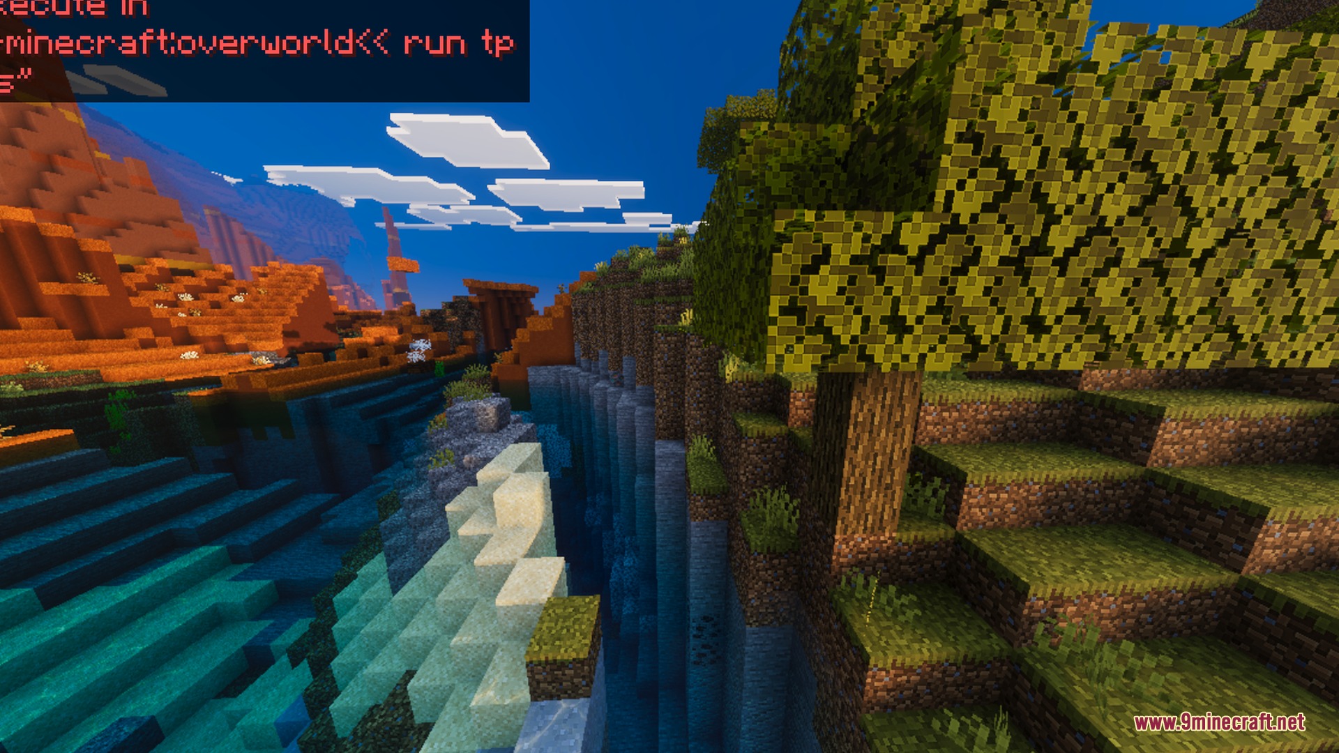 Scenic minecraft landscape showing clear water and vibrant sky with a command overlay