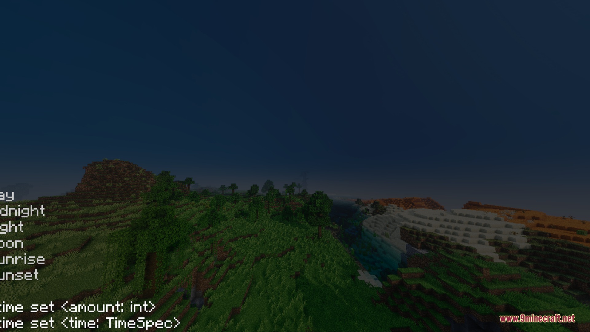 Atmospheric night view of a minecraft world with a time setting command menu