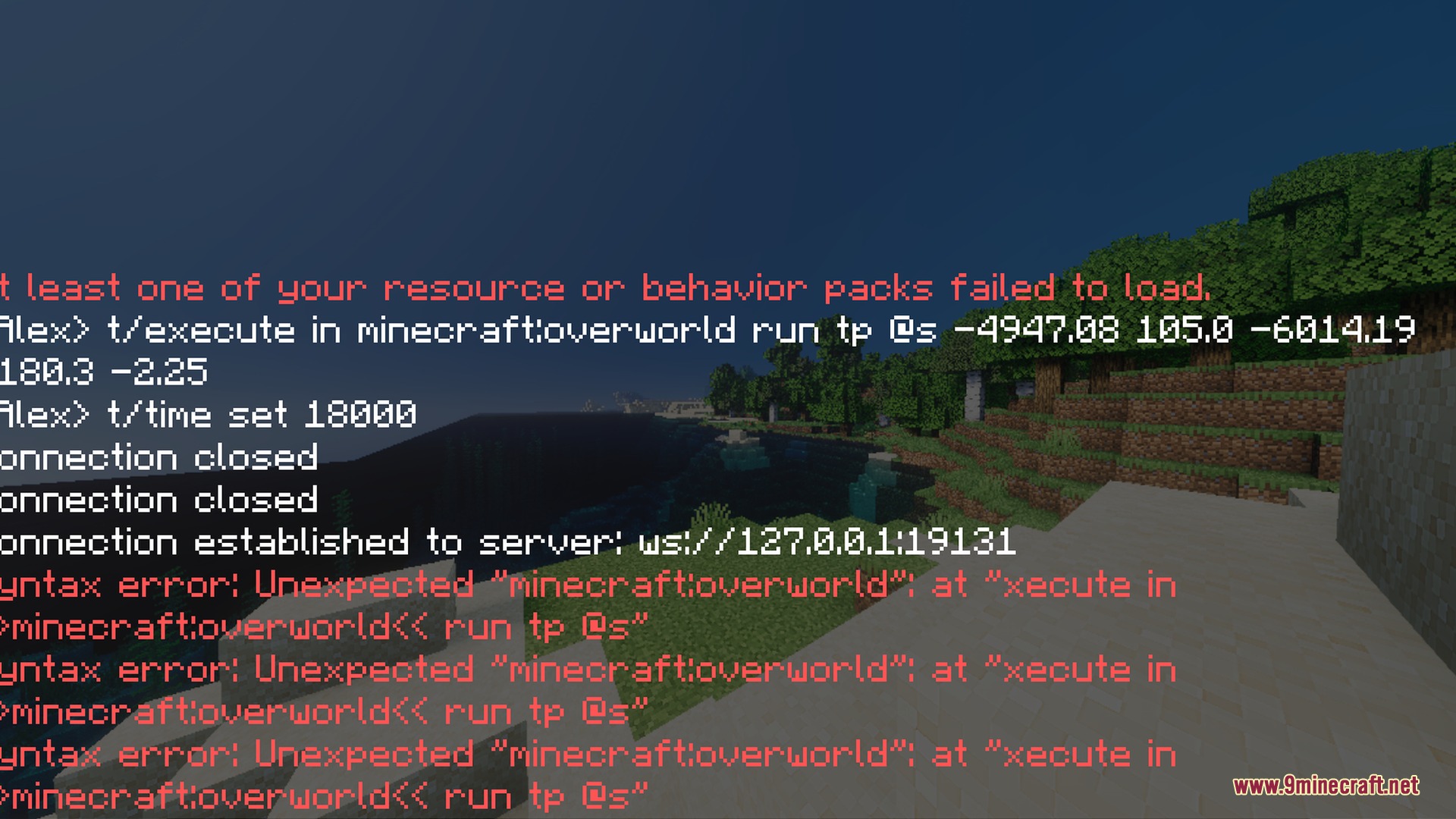 Minecraft chat window showing command syntax errors over a scenic landscape