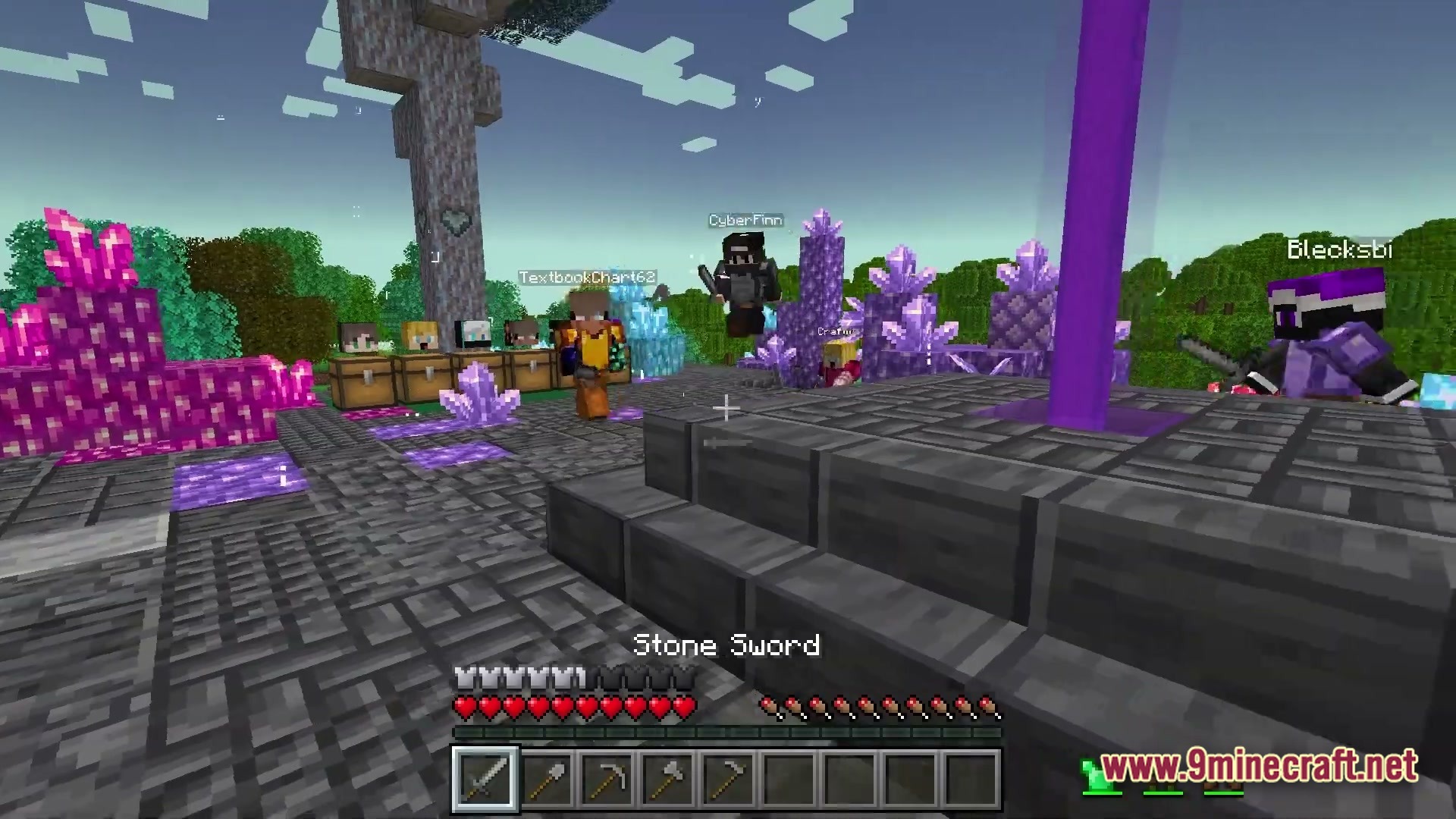 Arcanum Land Modpack (1.20.1) – Magic Dragons And Rpg Adventures 3 Players gather near a stone platform with large purple crystals and a glowing beam of light