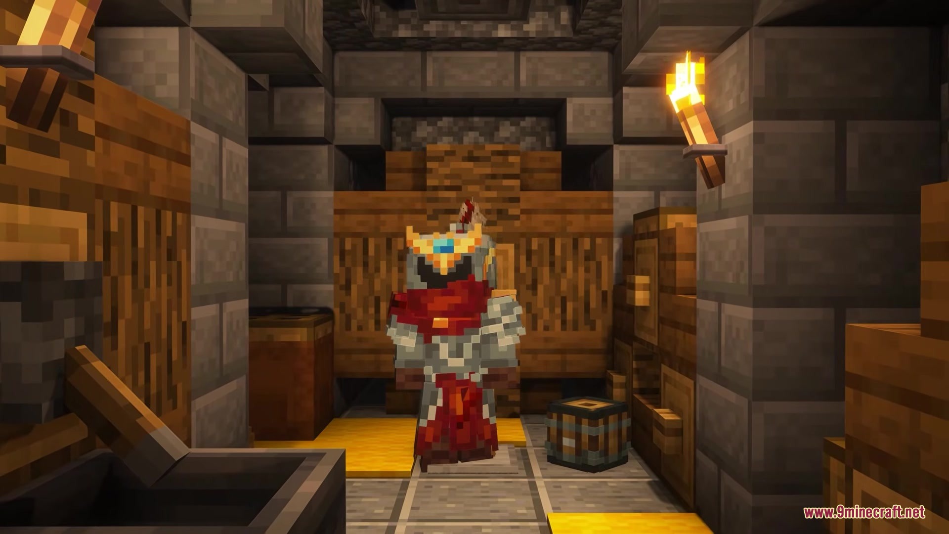 Armor Quick Swap Mod (26.2, 1.20.1) – Instantly Swap Your Mining Gear 3 A player wearing ornate red and gold armor standing in a stone dungeon