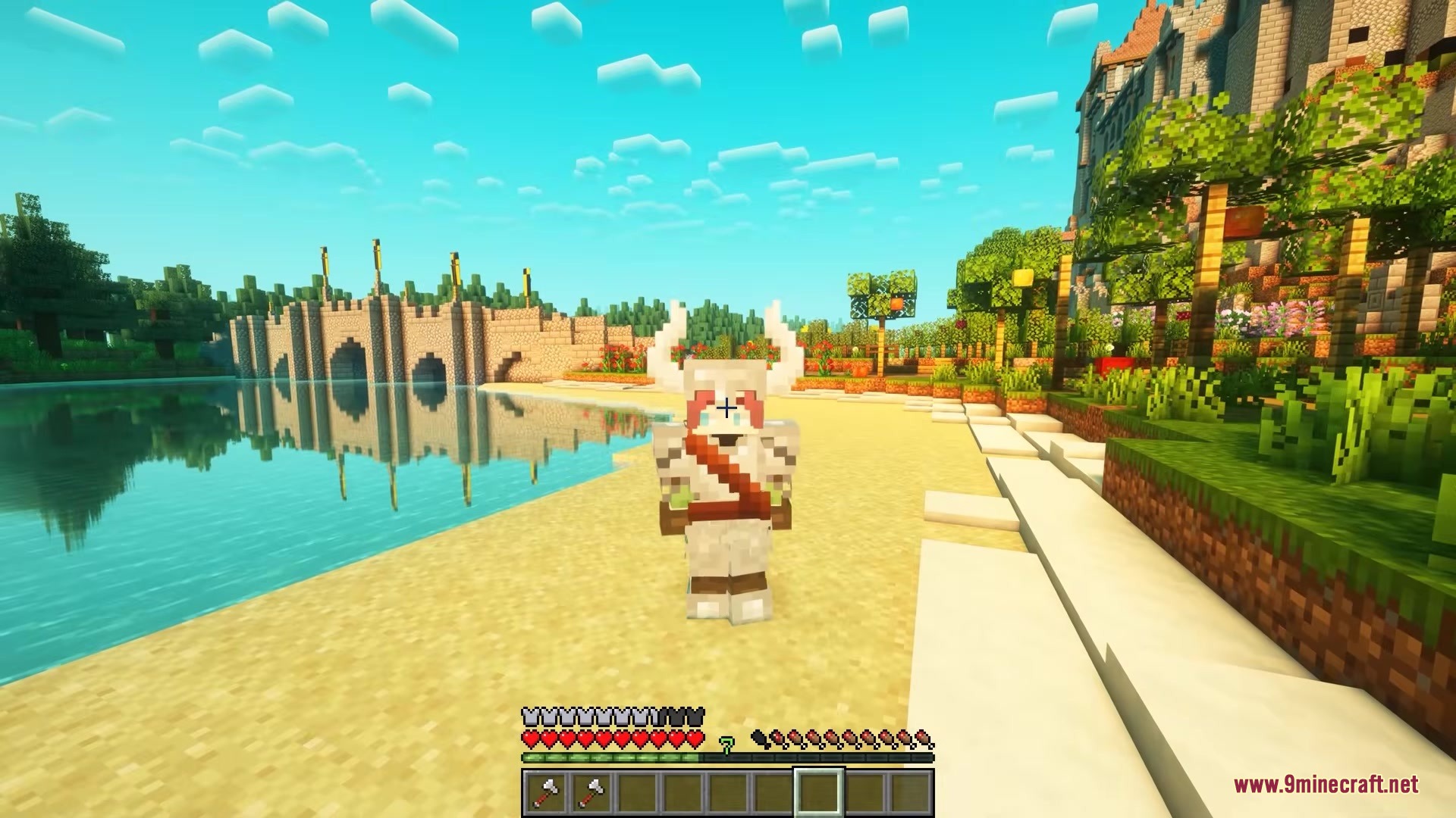 Armor Quick Swap Mod (26.2, 1.20.1) – Instantly Swap Your Mining Gear 4 Minecraft character wearing white armor with horns standing on a sunny beach
