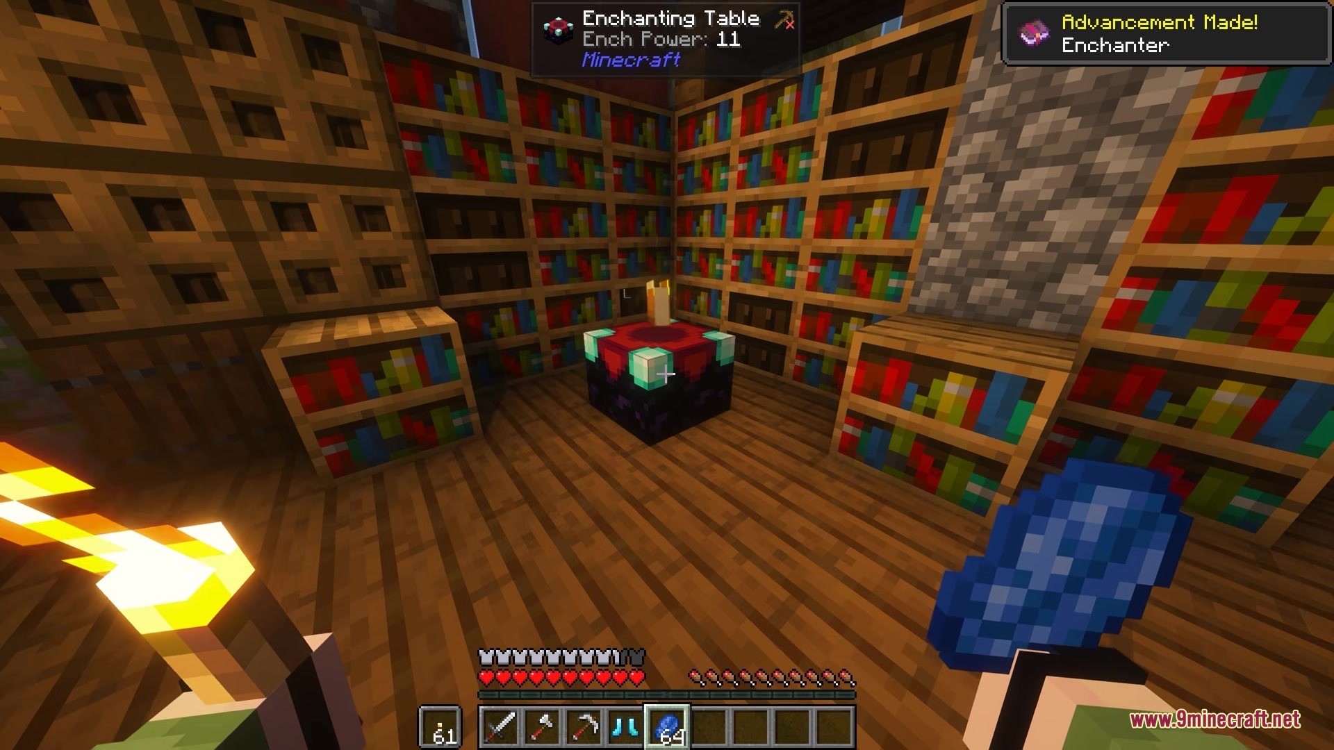 Armor Quick Swap Mod (26.2, 1.20.1) – Instantly Swap Your Mining Gear 7 Player holding lapis lazuli near an enchanting table surrounded by wooden bookshelves