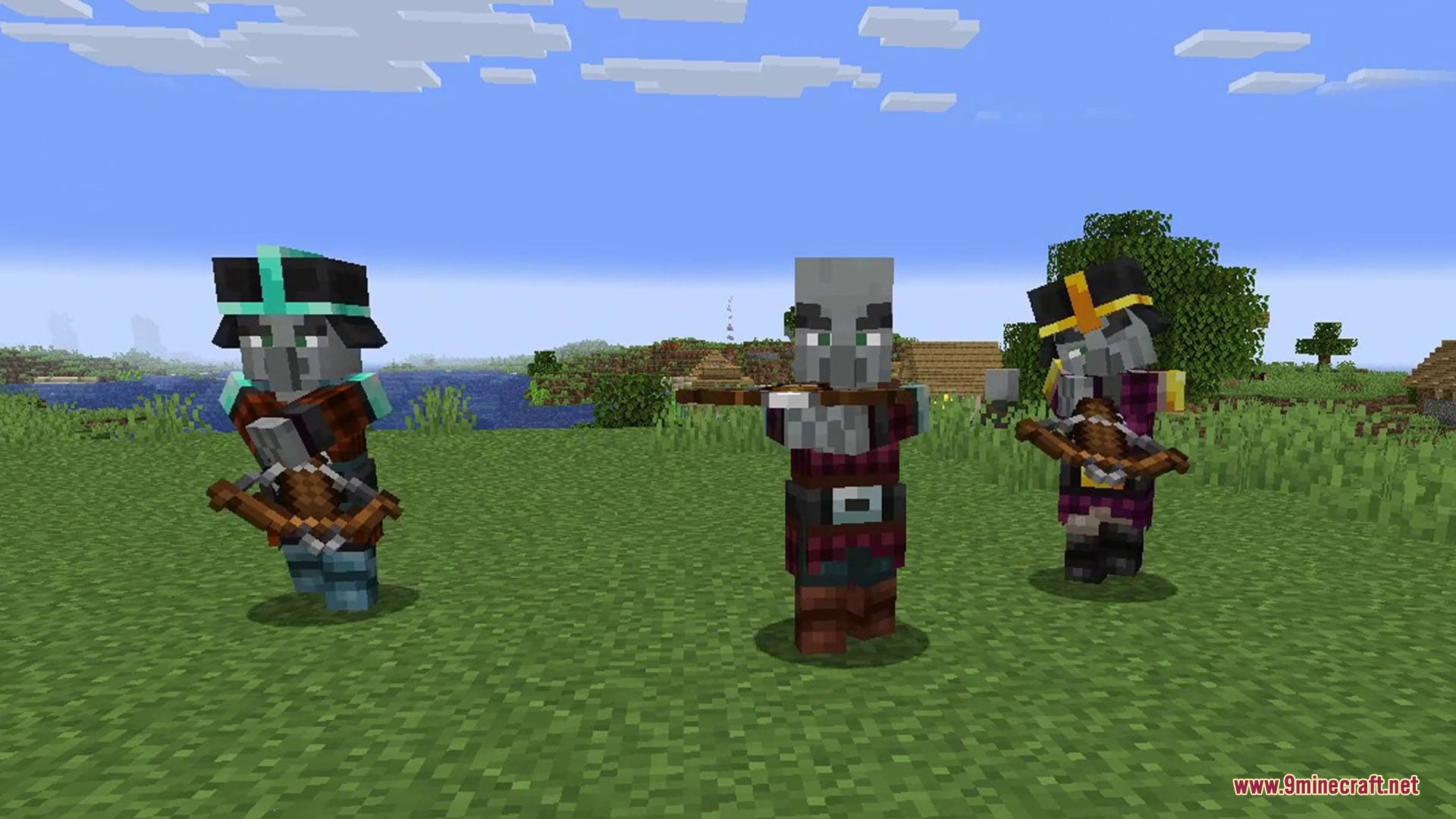 Three pillagers in custom armor stand in a field with crossbows