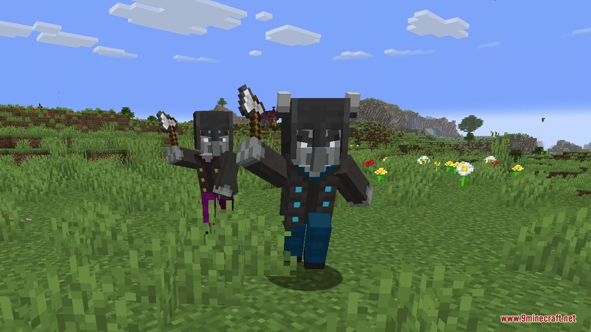 Two vindicators in dark armor run through a field holding axes
