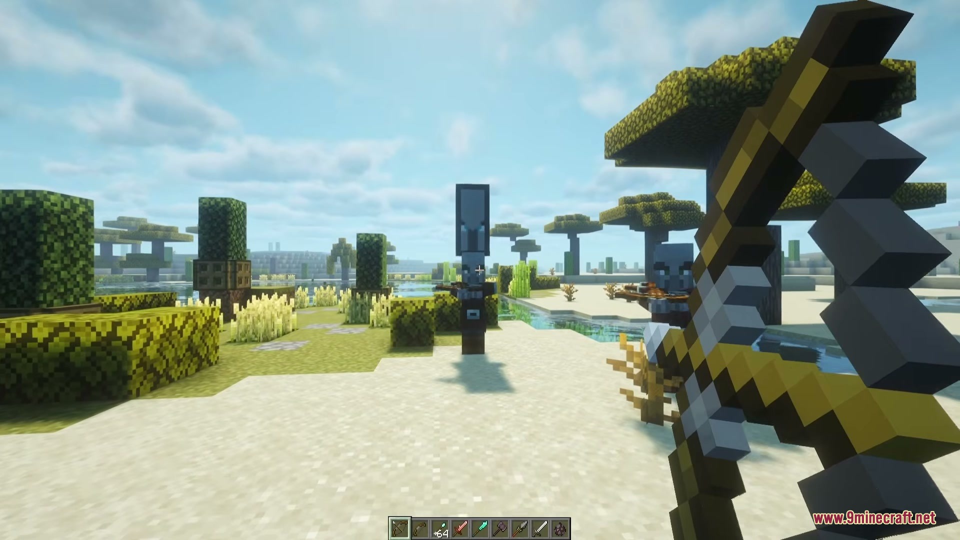 First person view of a player aiming a golden bow at a pillager