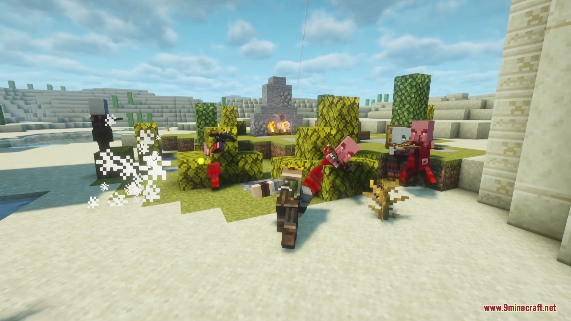 Pink mobs being hit by powerful weapon attacks in a desert biome