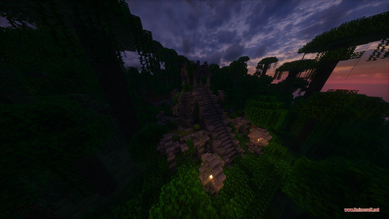 Aztec Temple &Amp; Ruins Ruins Structure Data Pack (1.21.11, 1.21.1) 5 Overgrown stone ruins in a dark jungle biome lit by glowing lanterns