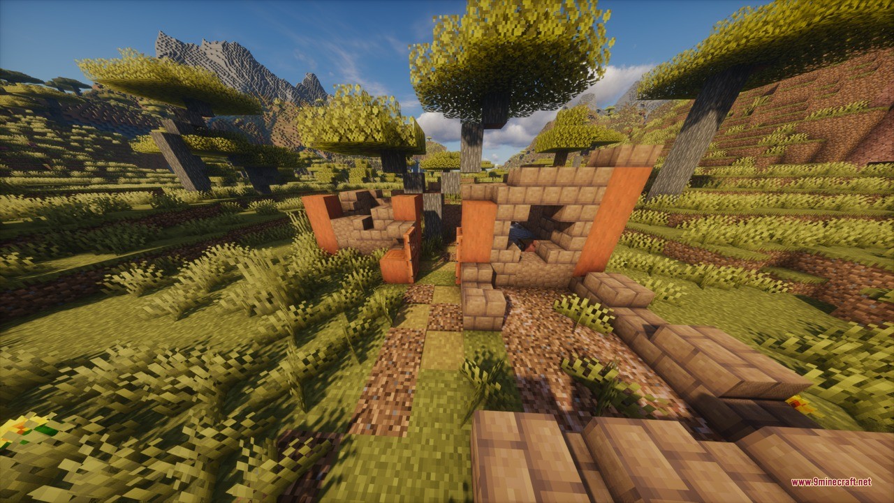 Aztec Temple &Amp; Ruins Ruins Structure Data Pack (1.21.11, 1.21.1) 6 Ancient stone ruins with orange terracotta blocks located in a grassy savanna