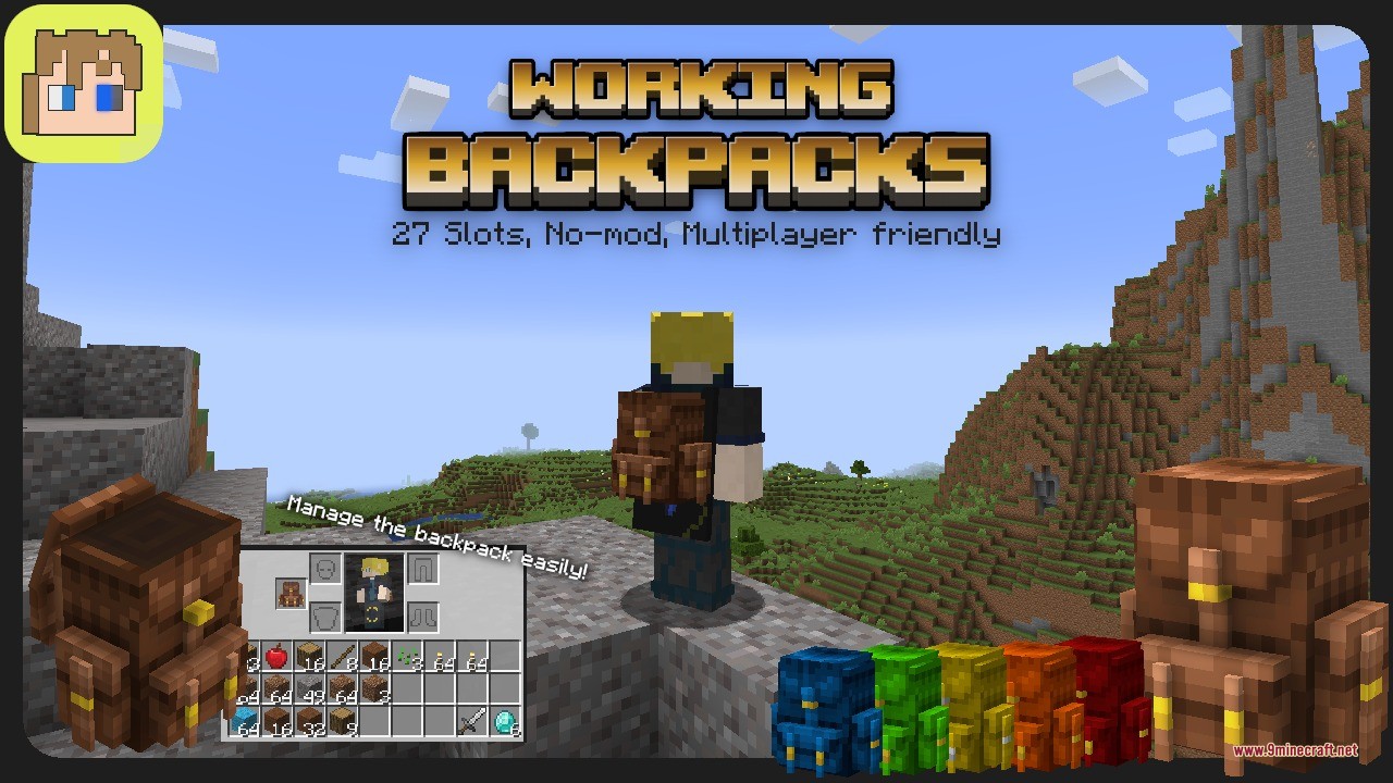 Backpacks &Amp; More Data Pack (26.2, 1.21.1) – Double Your Storage Space 2 Minecraft player wearing a brown backpack with several colored variants shown