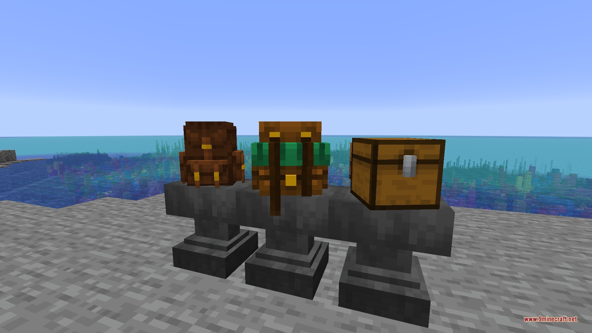 Backpacks &Amp; More Data Pack (26.2, 1.21.1) – Double Your Storage Space 3 Two custom backpacks and a standard chest displayed on top of anvils