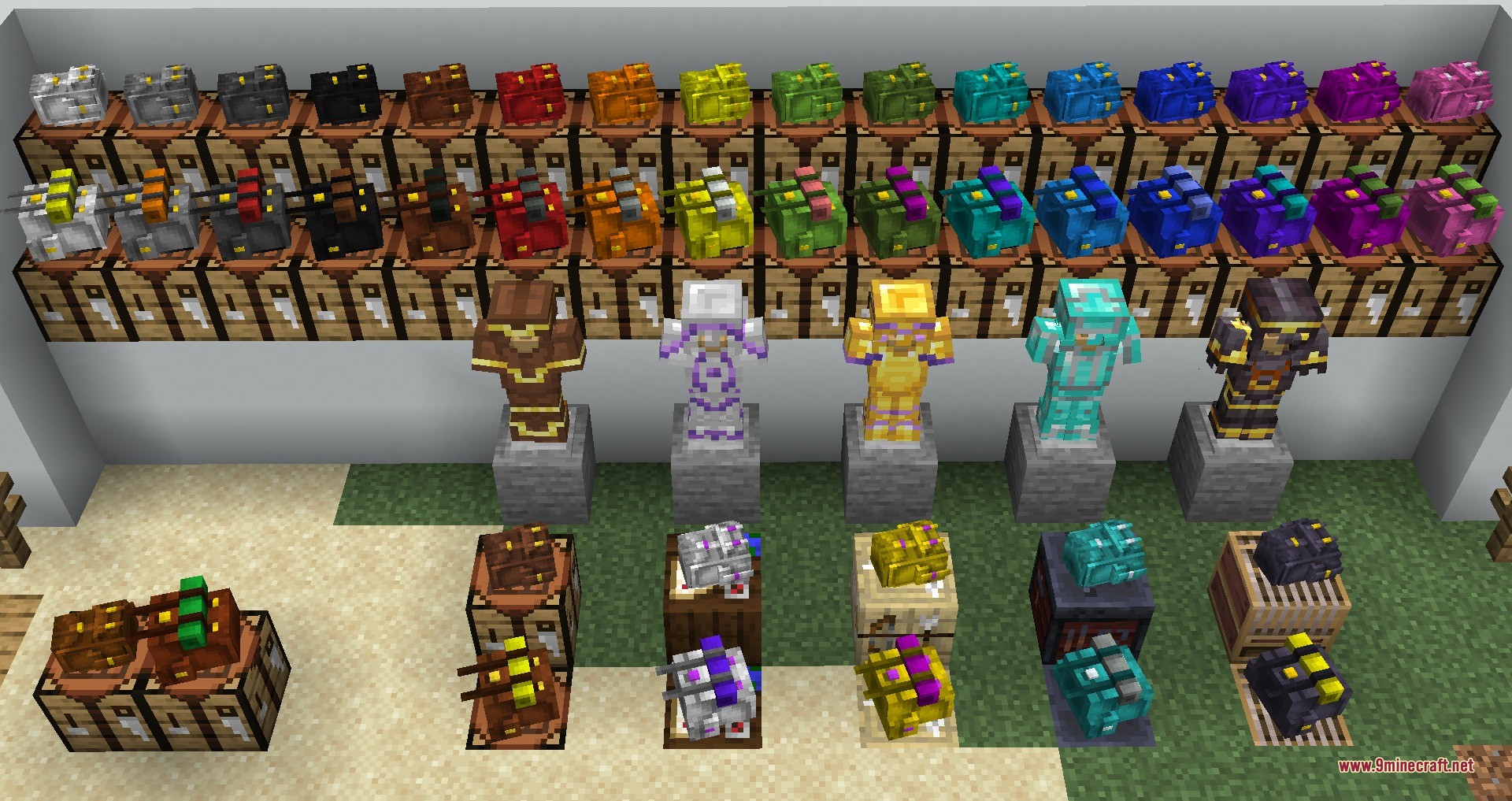Backpacks &Amp; More Data Pack (26.2, 1.21.1) – Double Your Storage Space 4 Display of various colorful backpacks and matching armor sets on armor stands