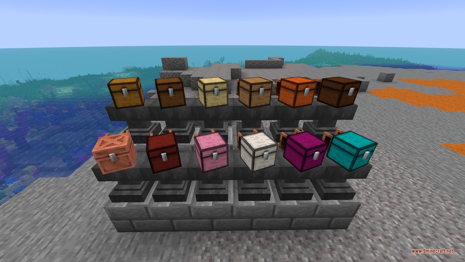 Backpacks &Amp; More Data Pack (26.2, 1.21.1) – Double Your Storage Space 5 Different wooden chest style backpacks placed on top of hoppers in a row
