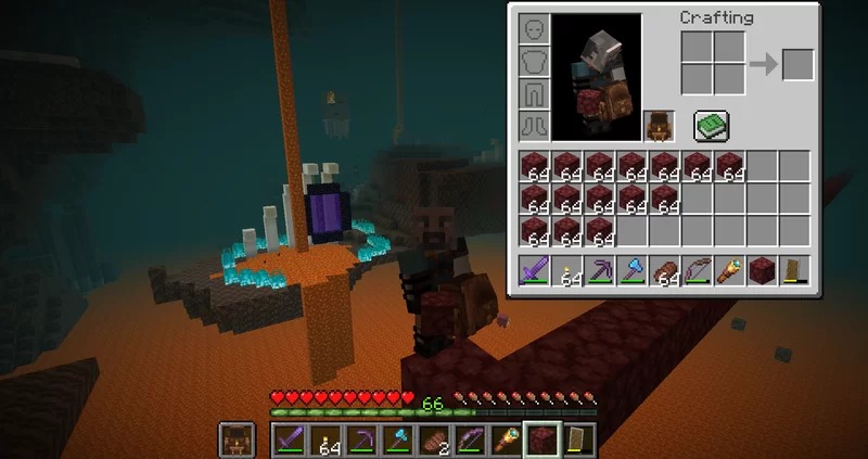 Backpacks &Amp; More Data Pack (26.2, 1.21.1) – Double Your Storage Space 6 A minecraft player wearing a backpack while exploring the nether dimension