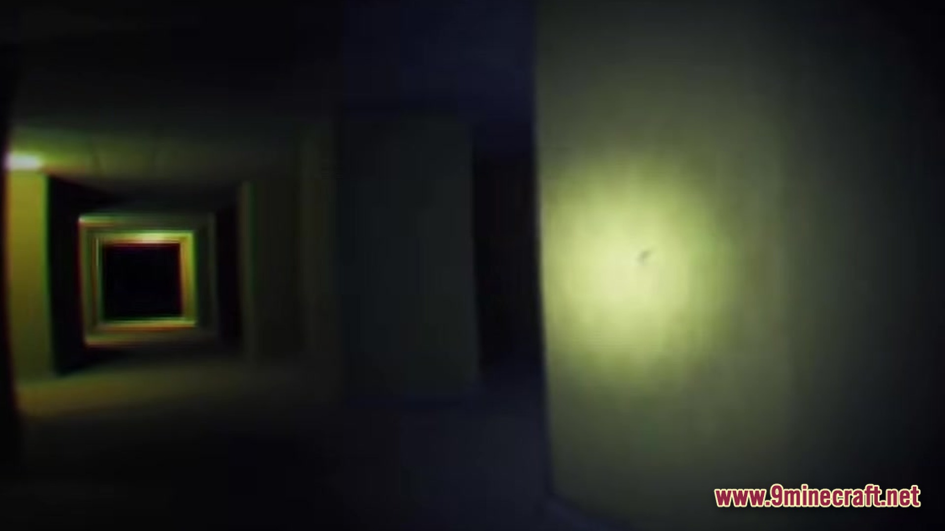 A dark hallway in level 0 featuring yellow walls, a flashlight beam, and a distant doorway