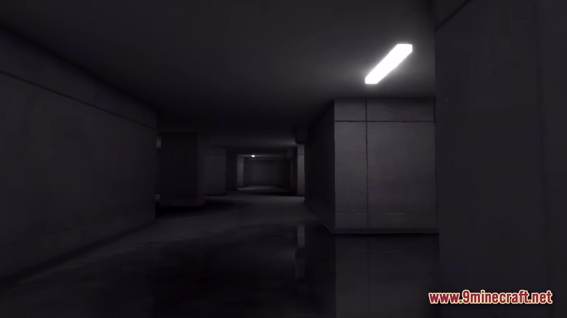Dimly lit concrete hallways with fluorescent lights and reflective puddles in a liminal space environment