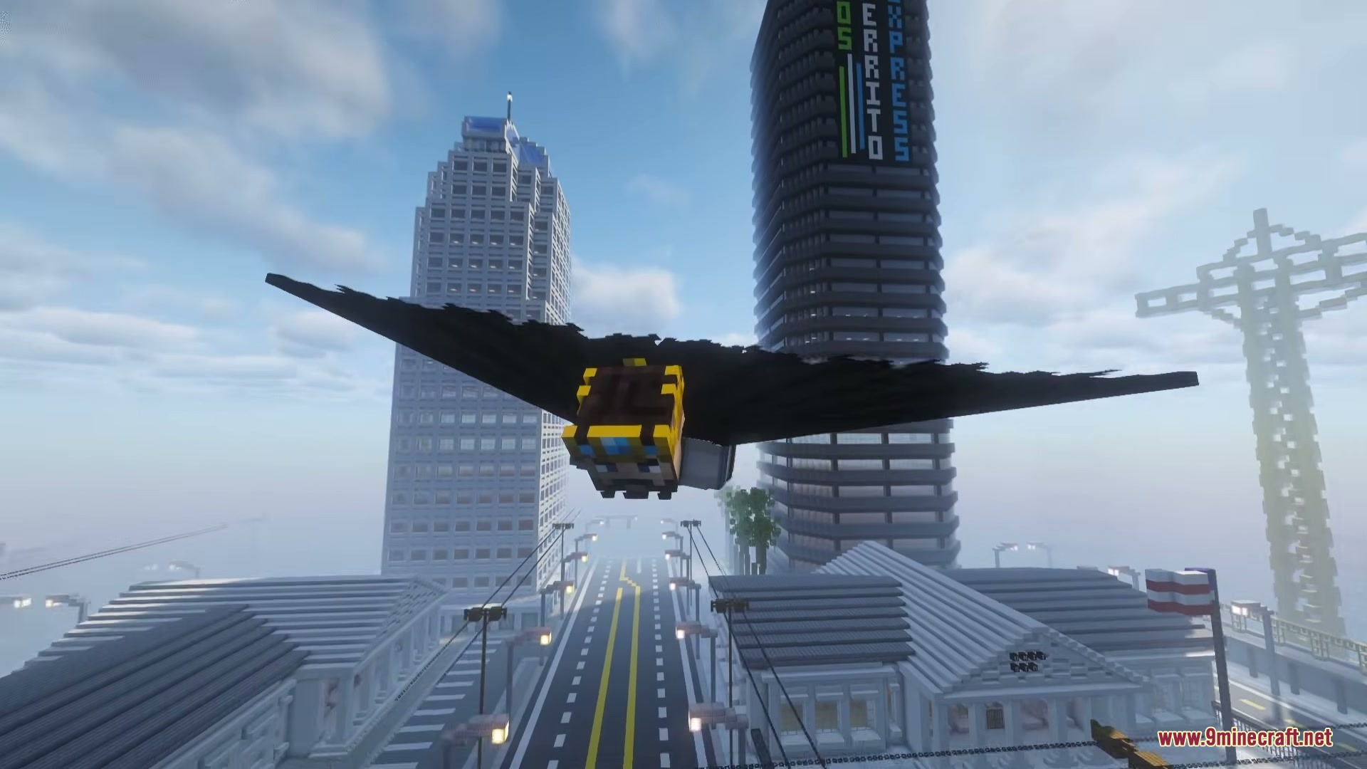 Minecraft character glides through a city using a large black batman style cape