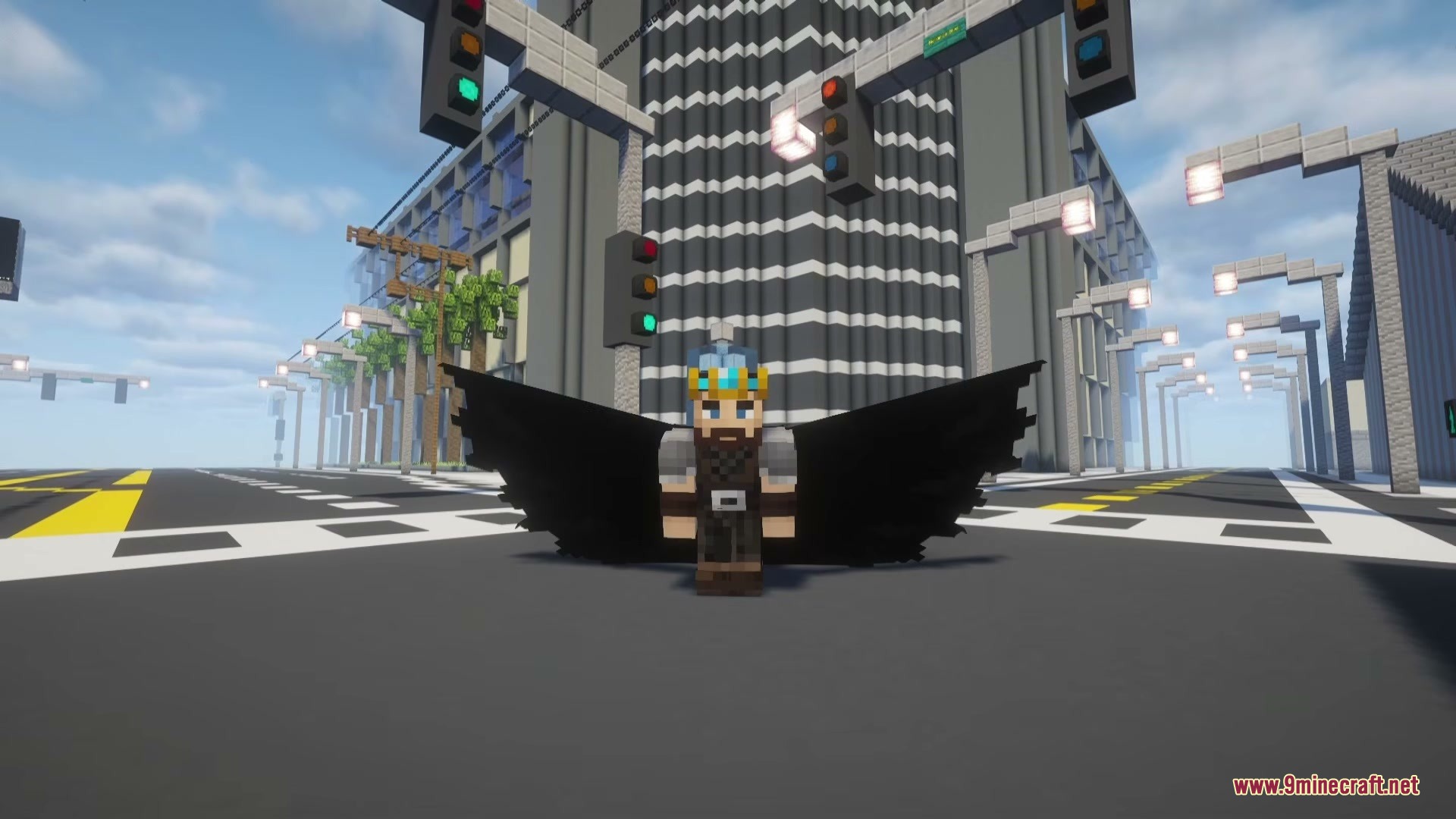 Player standing on a city street showcasing a wide black batman cape