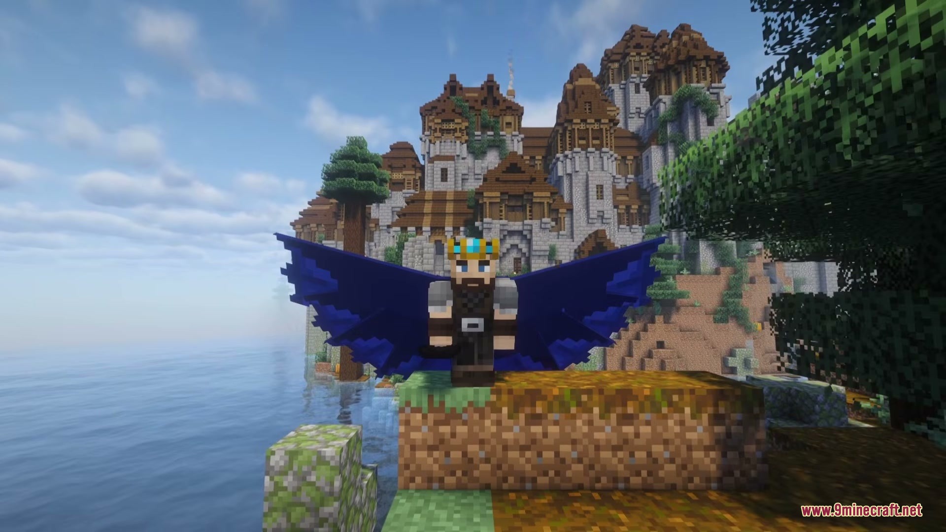Minecraft player showcasing a blue batman cape with a large castle background