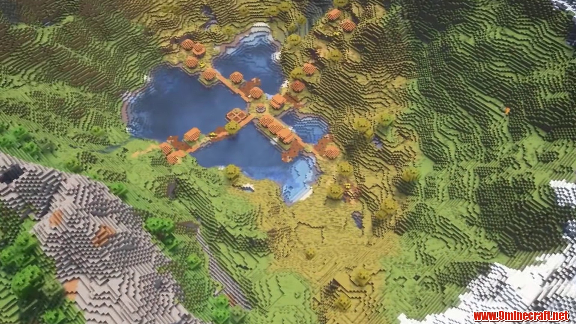 Best Seeds For Minecraft (26.2, 1.21.11) Part 4 – Java/Bedrock Edition 7 Mountain-ringed village landscape with lakes