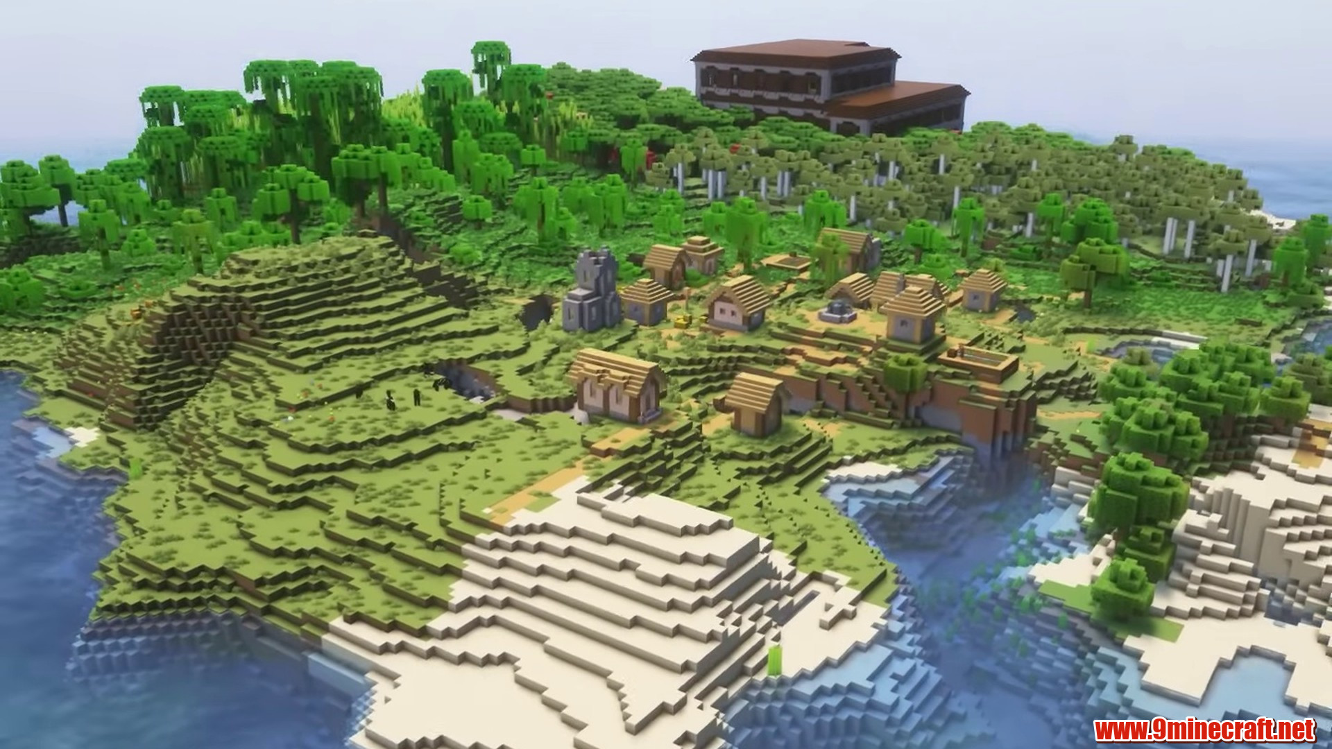 Best Seeds For Minecraft (26.2, 1.21.11) Part 4 – Java/Bedrock Edition 13 Island village near a woodland mansion