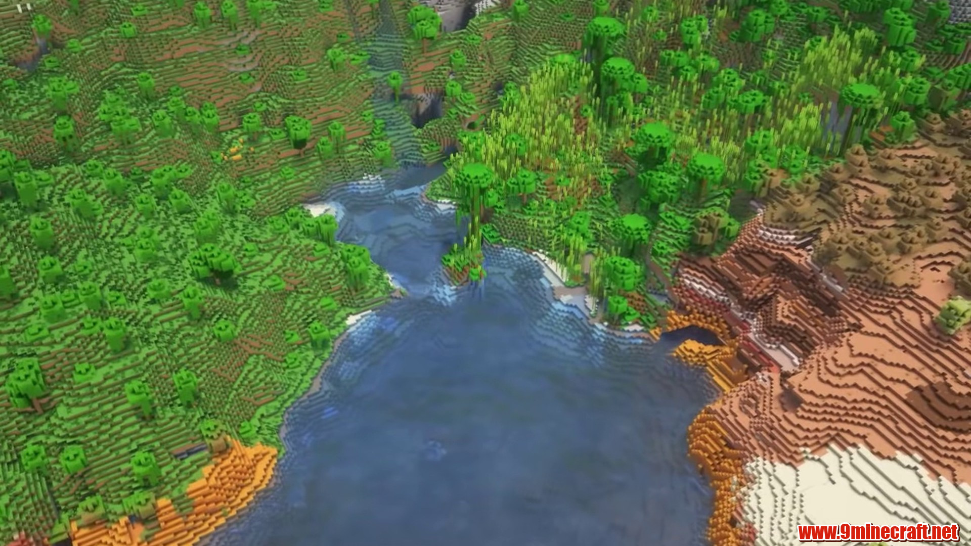 Best Seeds For Minecraft (26.2, 1.21.11) Part 4 – Java/Bedrock Edition 19 Jungle lake meeting orange badlands terrain