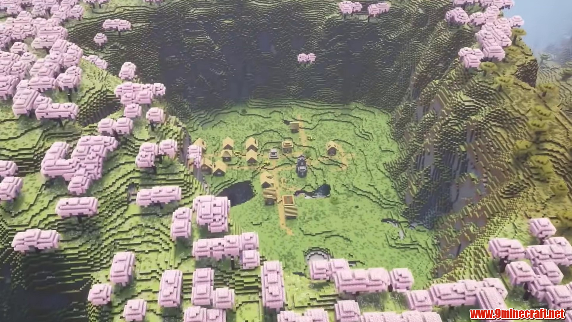 Scenic terrain featured in cherry village
