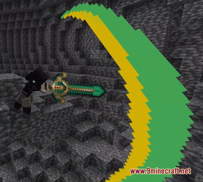 Better Combat Particle Enhancements Compact Resource Pack (1.21.1, 1.20.1) 2 Player character swinging a green sword with a sharp green and yellow arc