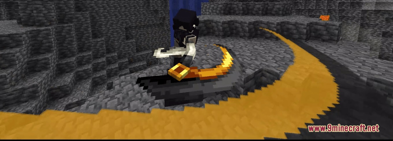 Better Combat Particle Enhancements Compact Resource Pack (1.21.1, 1.20.1) 5 Player attacks with a golden scythe leaving a sharp yellow and black arc