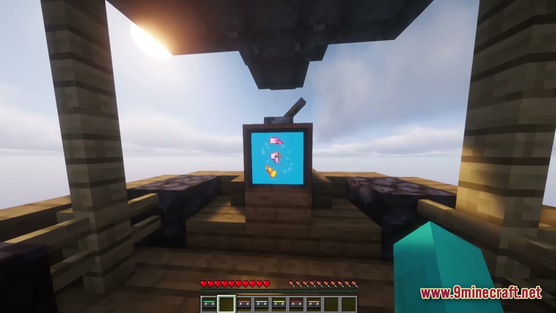 Better Create Aeronautics With Create Addons &Amp; Improvements Modpack (1.21.1) – Build And Fly Custom Aircraft 4 A wooden airship deck featuring a television screen displaying axolotls against a bright sky background