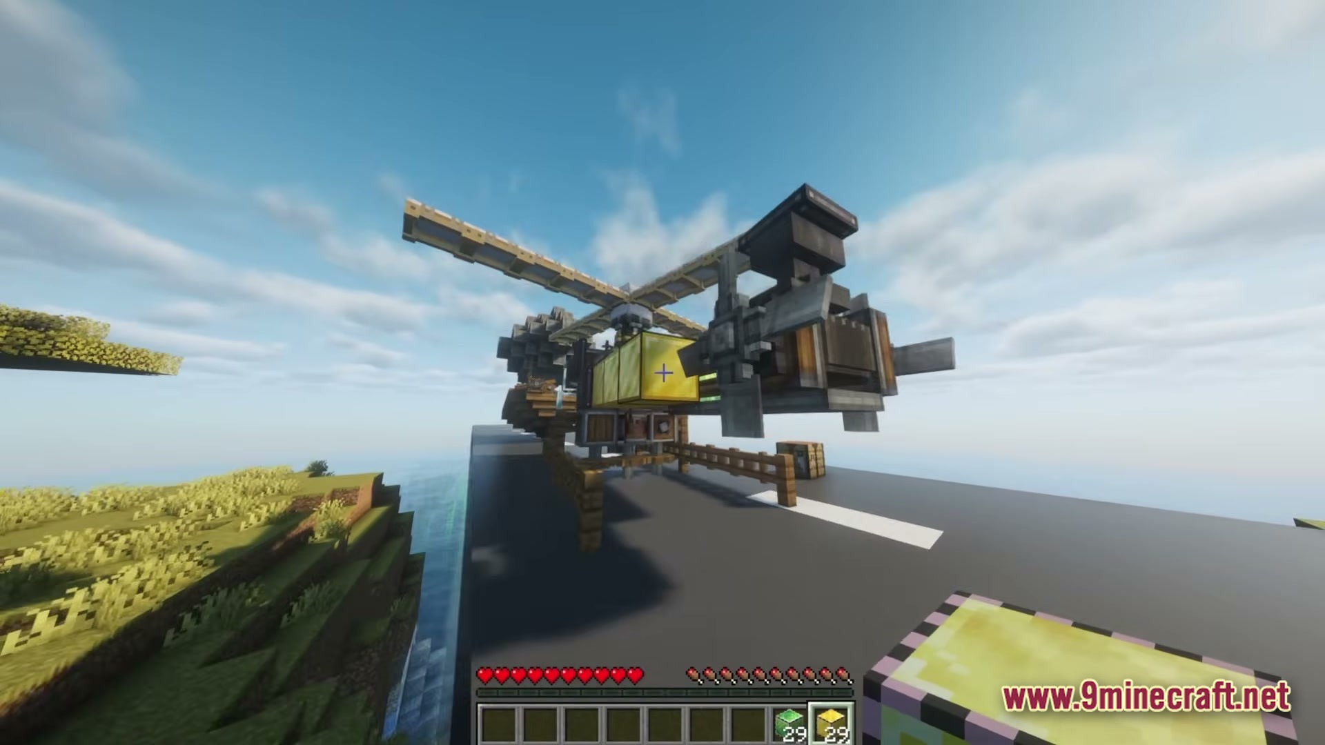 Better Create Aeronautics With Create Addons &Amp; Improvements Modpack (1.21.1) – Build And Fly Custom Aircraft 5 A custom-built helicopter machine constructed with create mod components sits on a paved runway