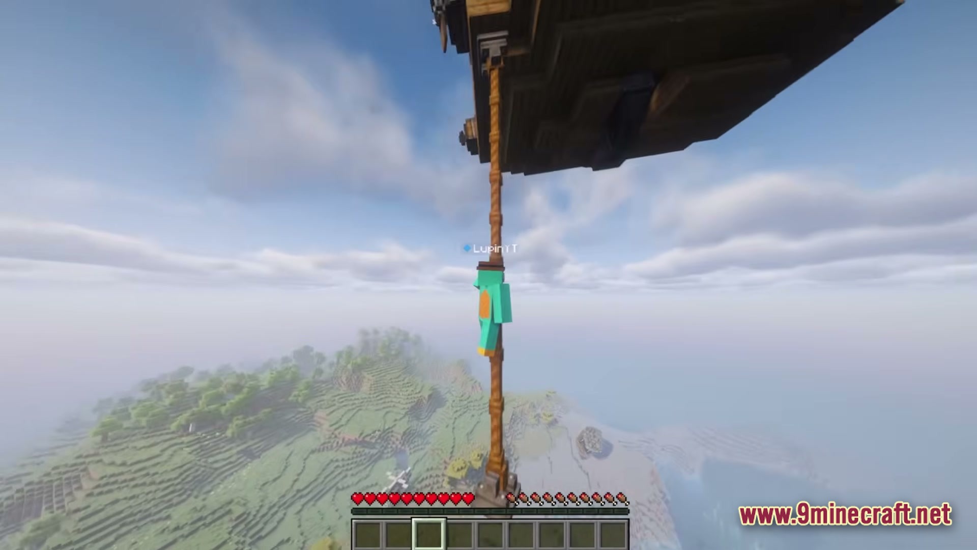 Better Create Aeronautics With Create Addons &Amp; Improvements Modpack (1.21.1) – Build And Fly Custom Aircraft 6 A player character hangs from a rope pulley attached to a flying wooden airship structure